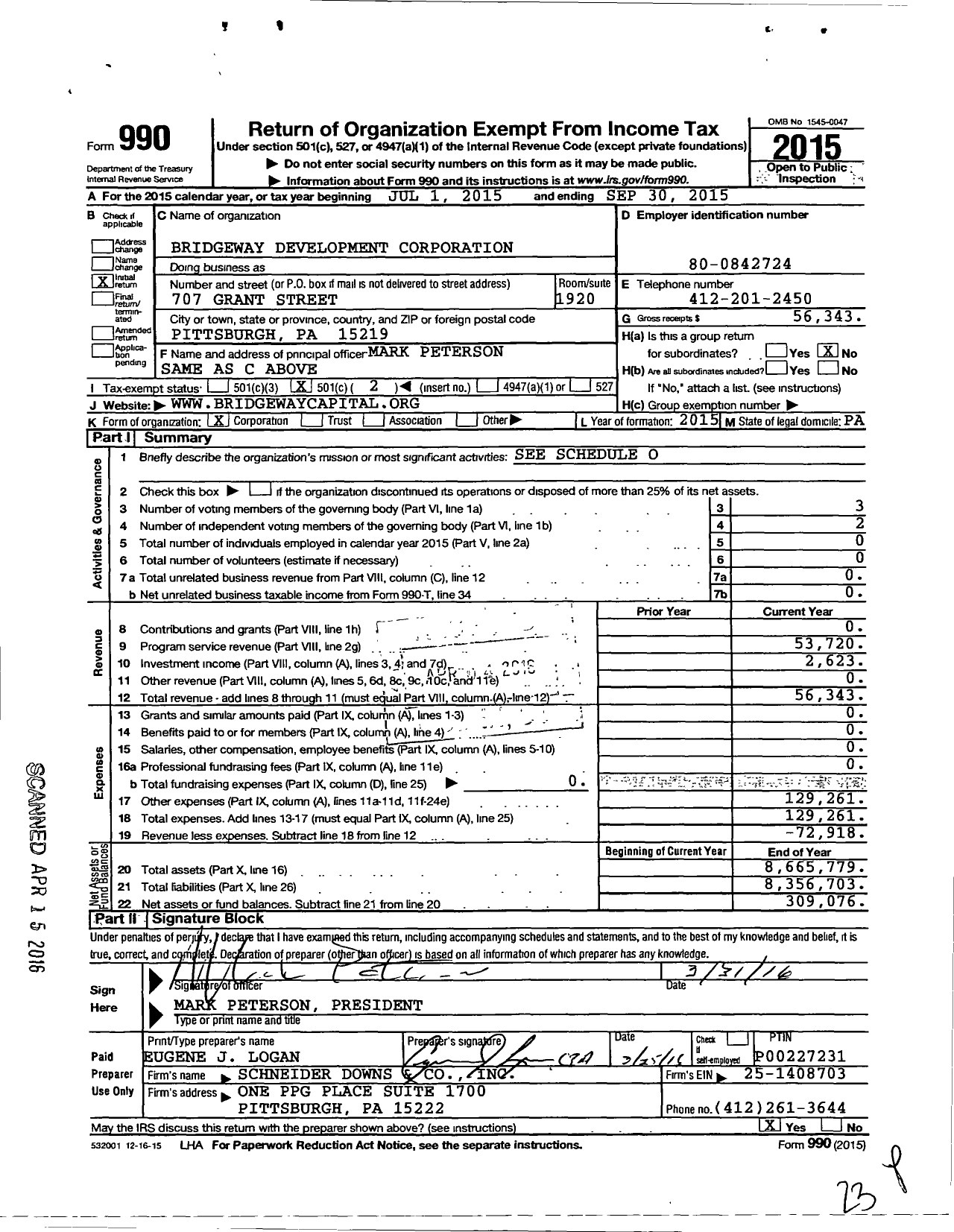 Image of first page of 2014 Form 990O for Bridgeway Development Corporation