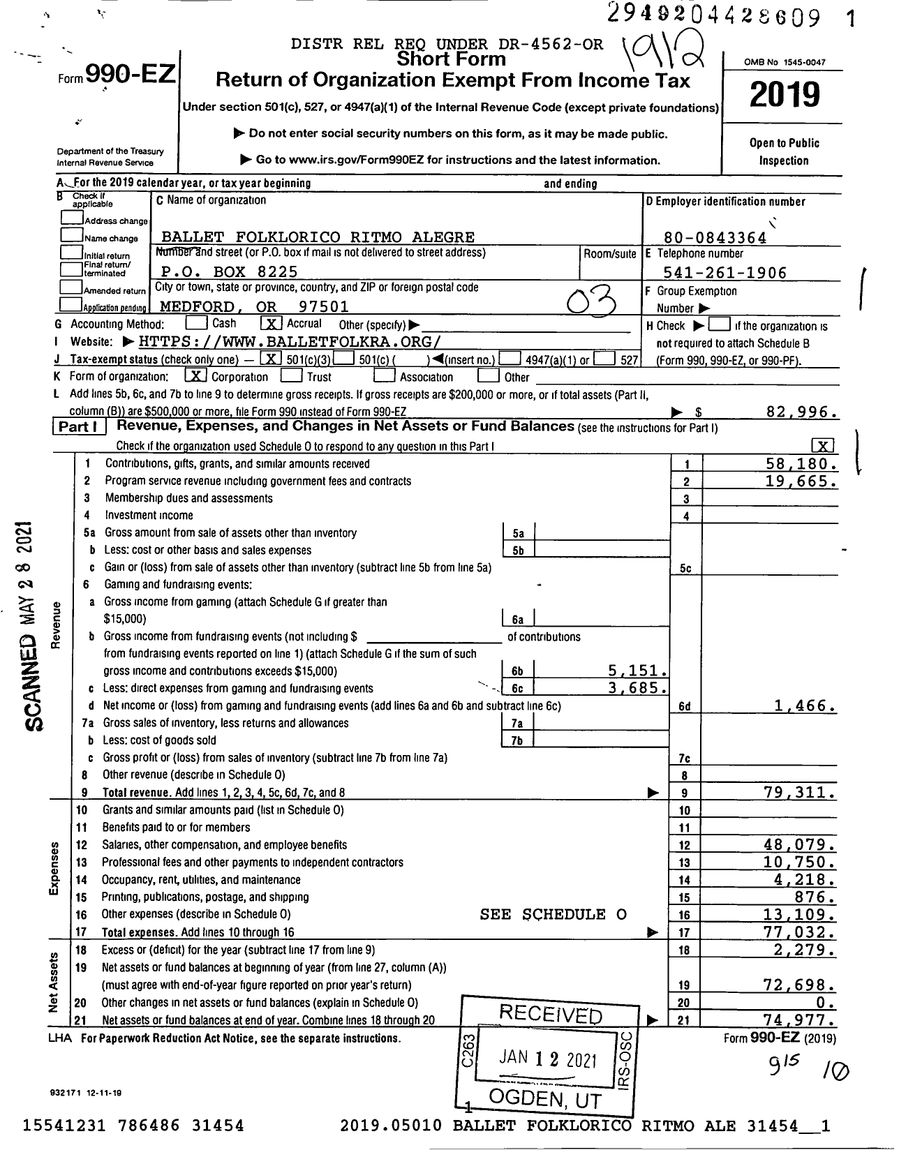 Image of first page of 2019 Form 990EZ for Ballet Folklorico Ritmo Alegre