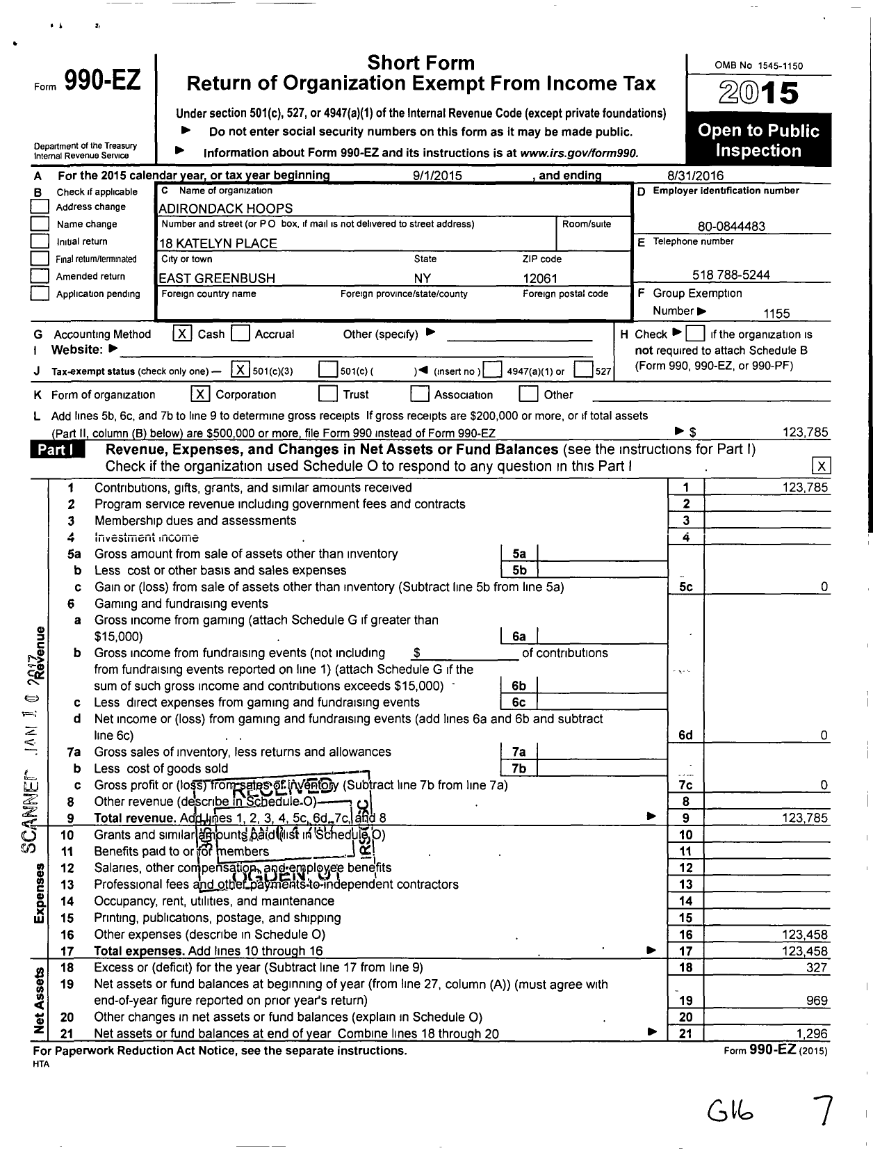 Image of first page of 2015 Form 990EZ for Amateur Athletic Union - Adirondack Hoops