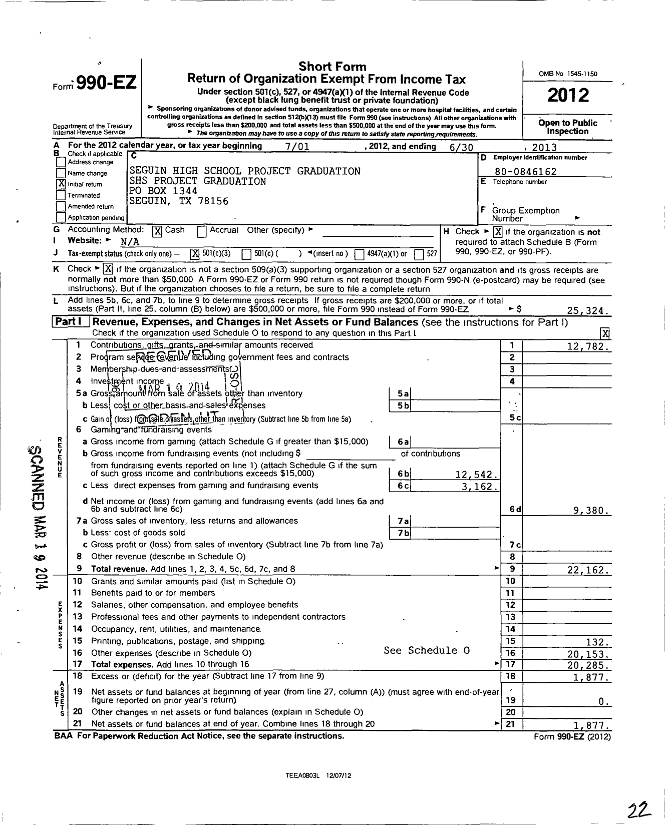 Image of first page of 2012 Form 990EZ for Seguin High School Project Graduation