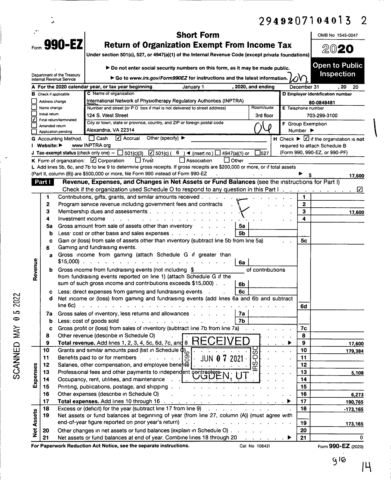 Image of first page of 2020 Form 990EO for International Network of Physiotherapy Regulatory Authorities