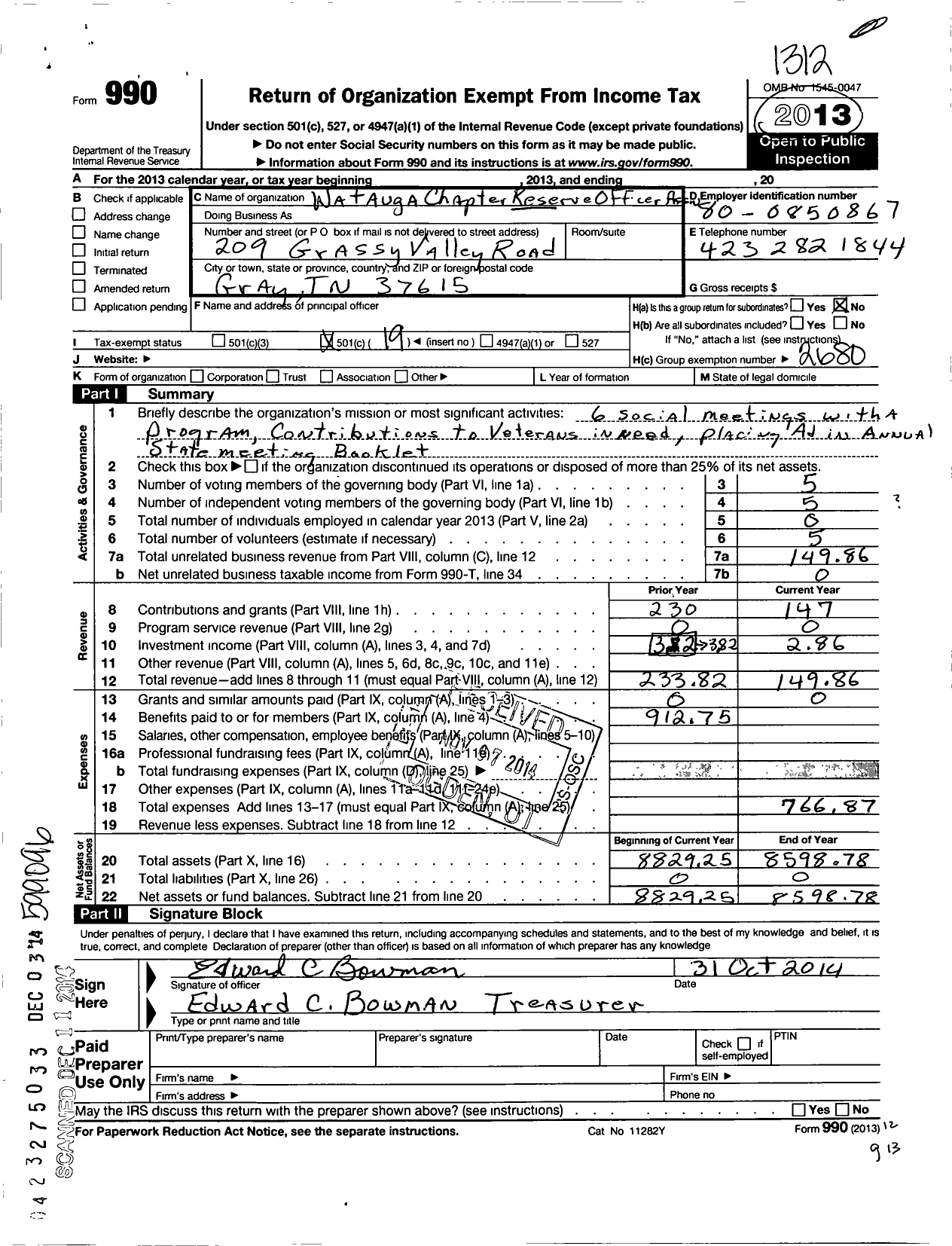 Image of first page of 2013 Form 990O for Reserve Officers Association of the United States / TN-016 Watauga Chapter