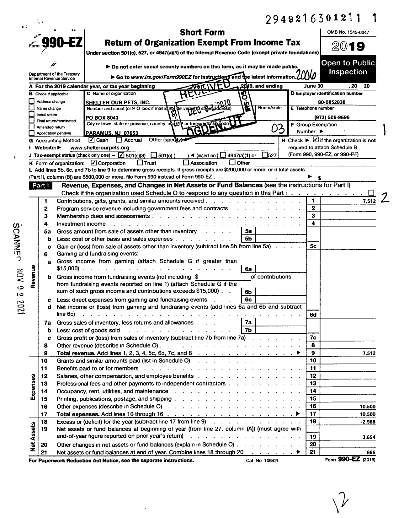 Image of first page of 2019 Form 990EZ for Shelter Our Pets