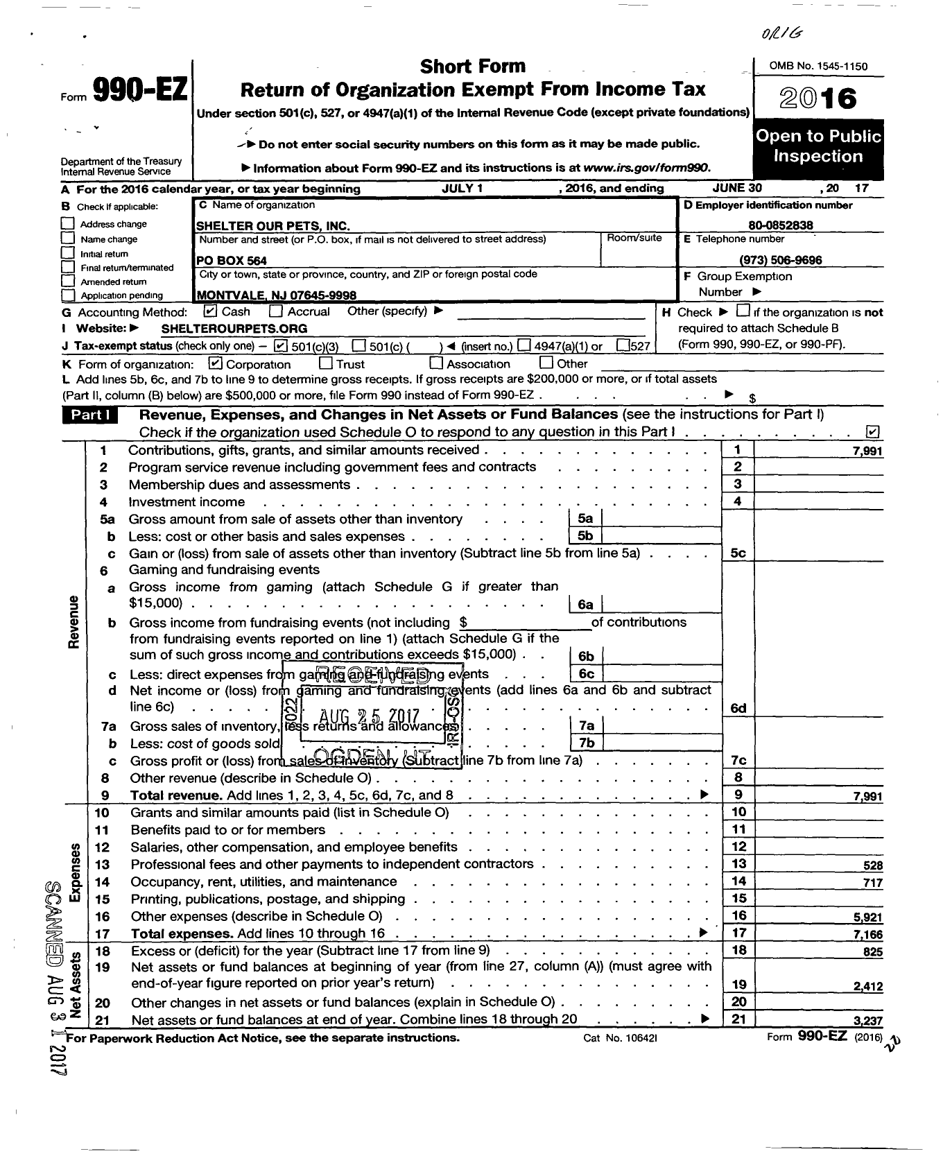 Image of first page of 2016 Form 990EZ for Shelter Our Pets