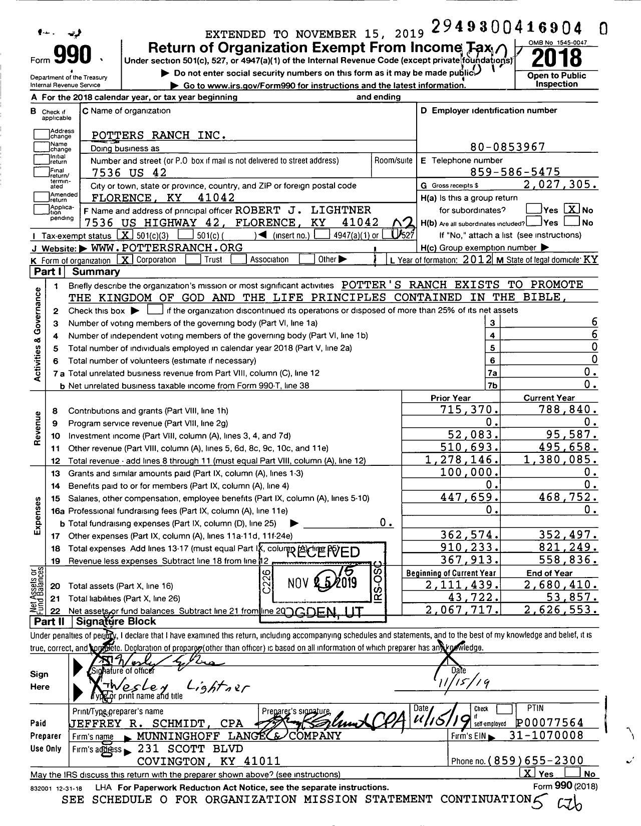 Image of first page of 2018 Form 990 for Potters Ranch