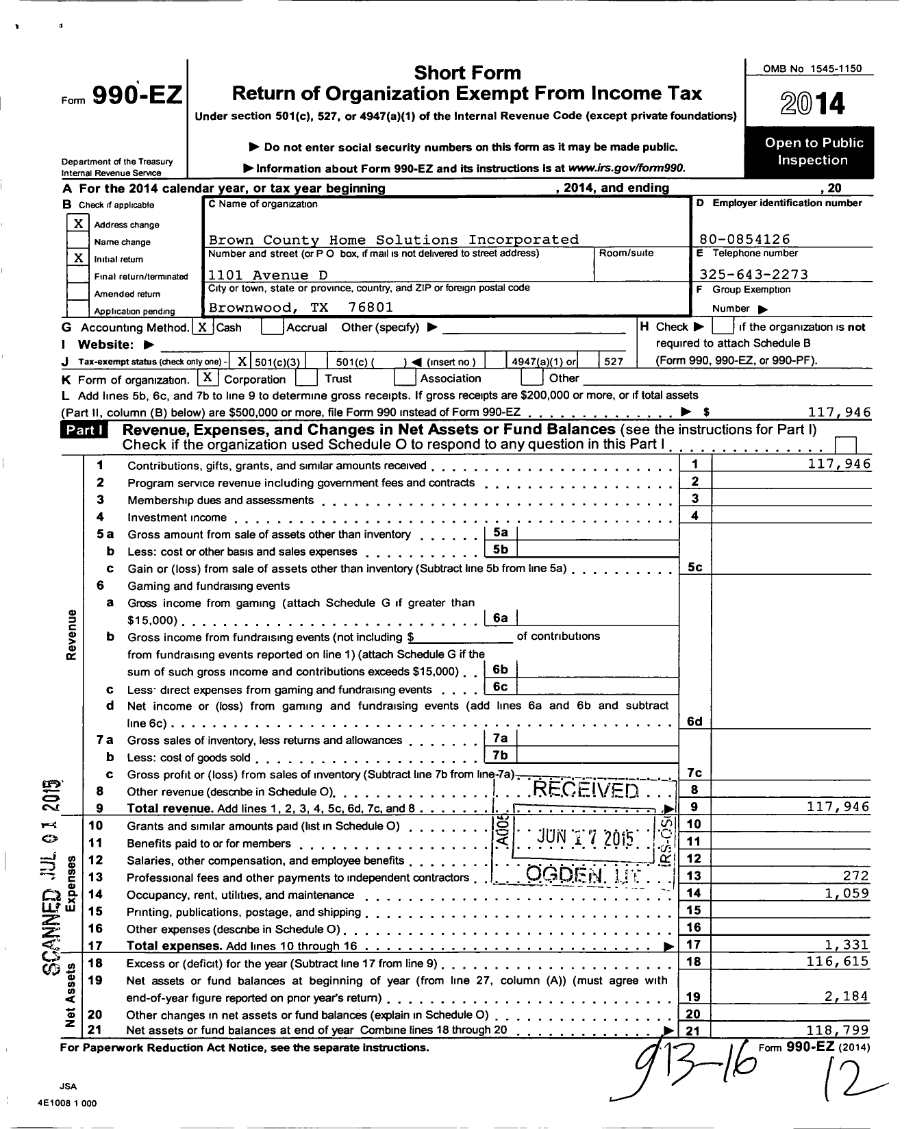 Image of first page of 2014 Form 990EZ for Brown County Home Solutions