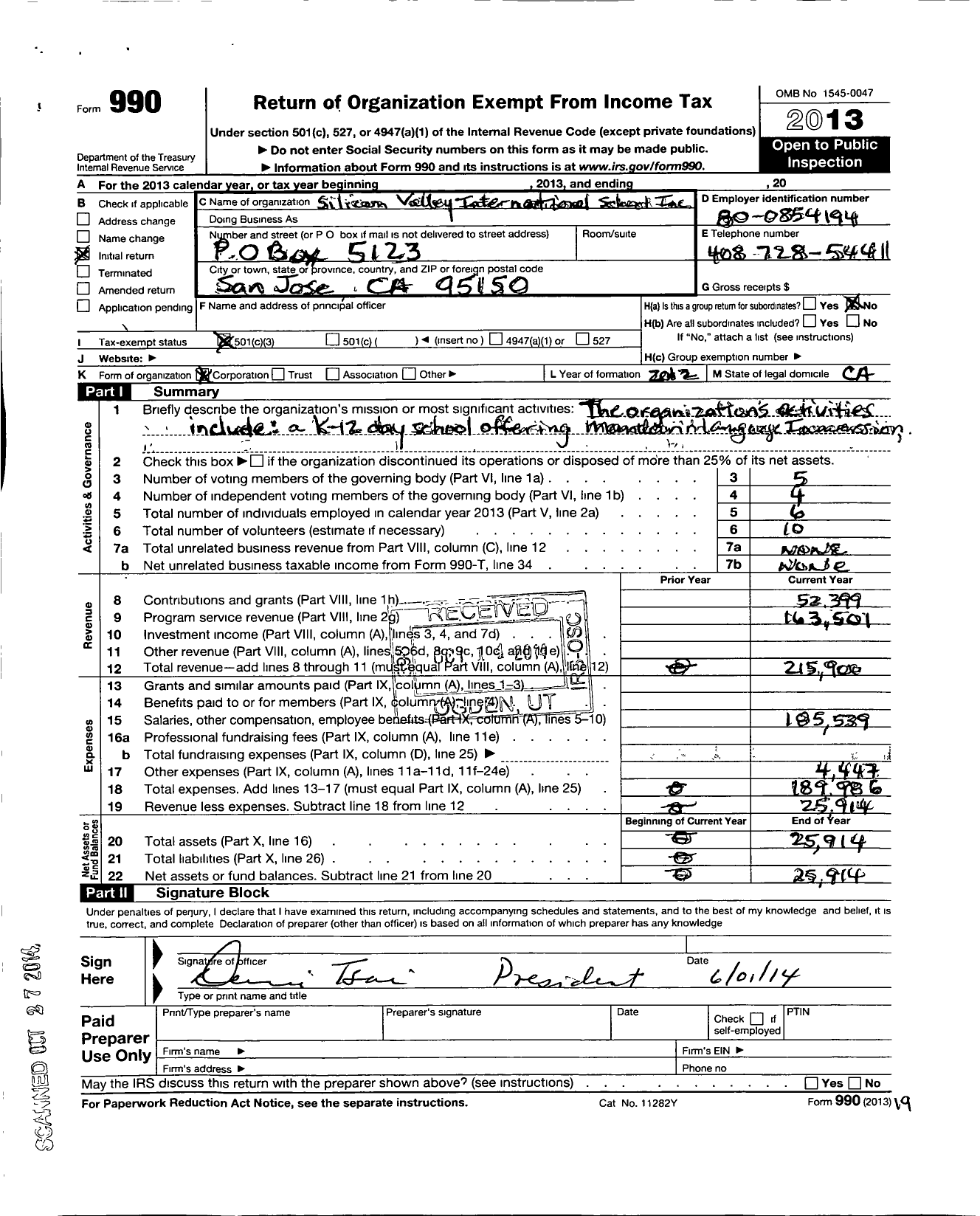 Image of first page of 2013 Form 990 for Silicon Valley International School