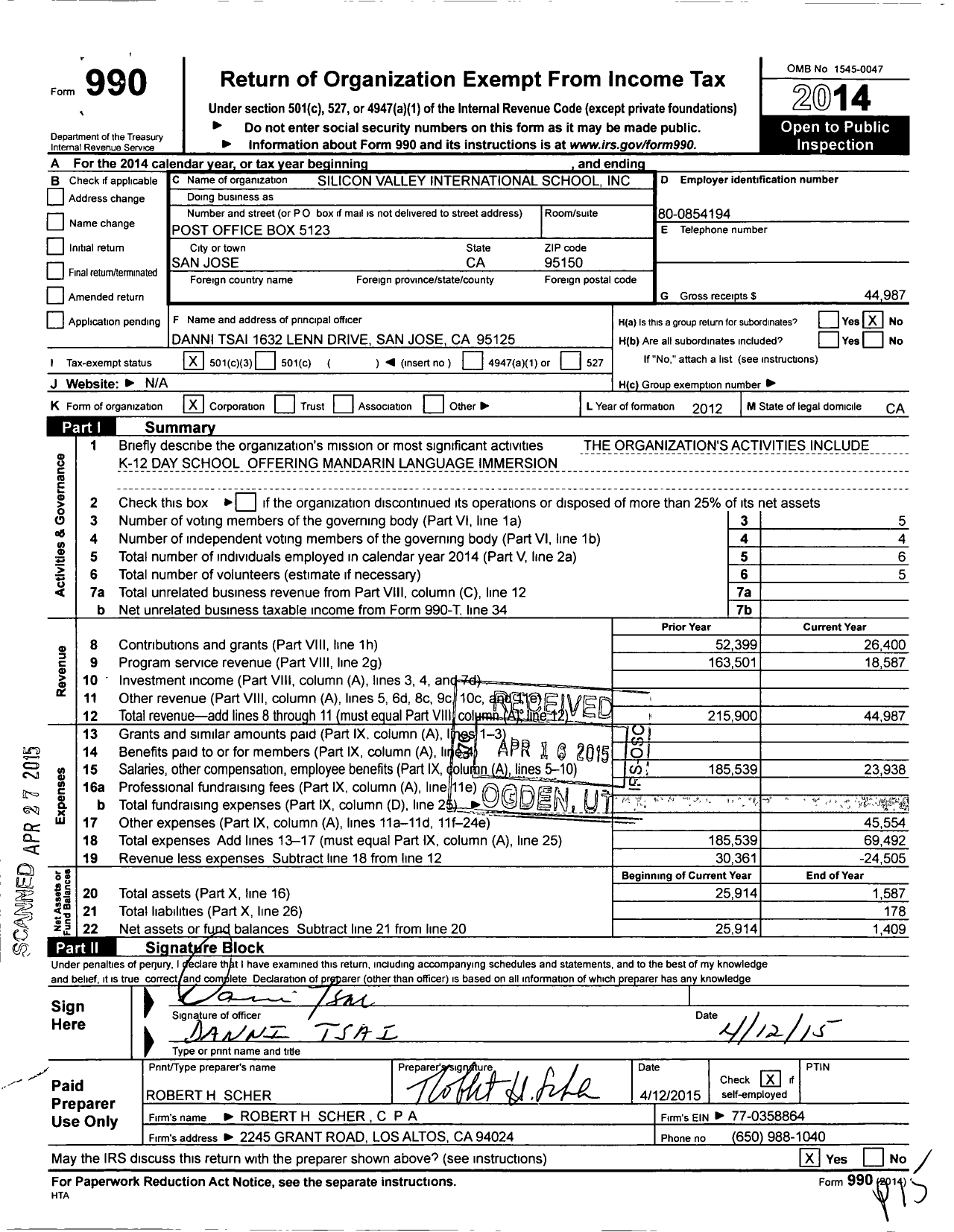 Image of first page of 2014 Form 990 for Silicon Valley International School