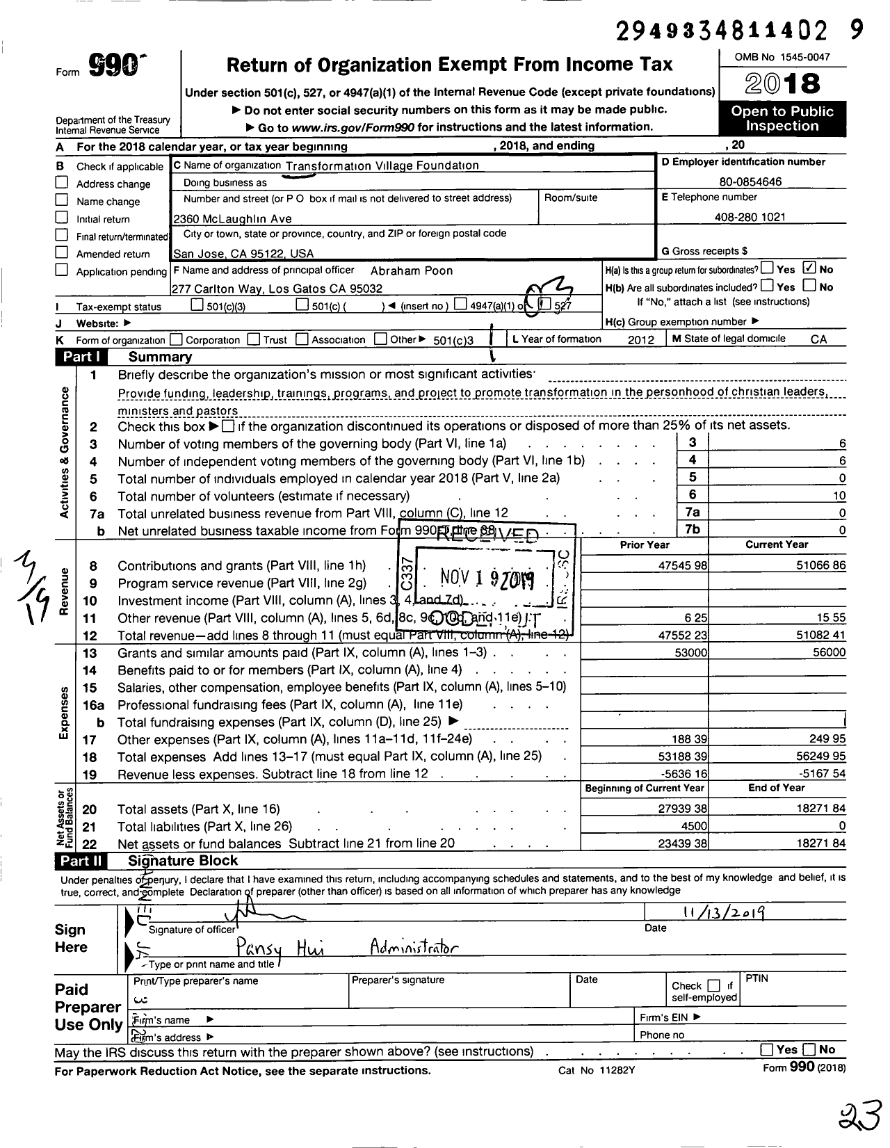 Image of first page of 2018 Form 990 for Transformation Village Foundation