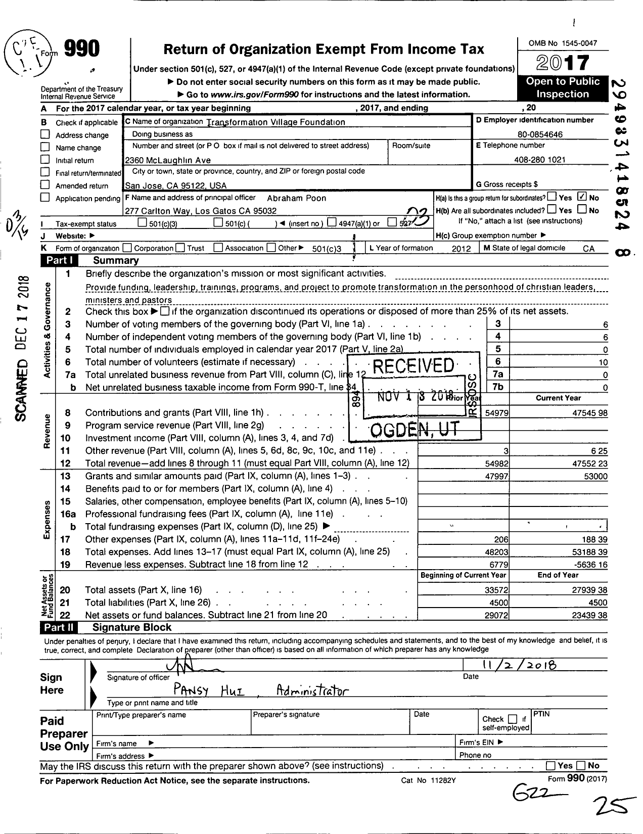 Image of first page of 2017 Form 990 for Transformation Village Foundation