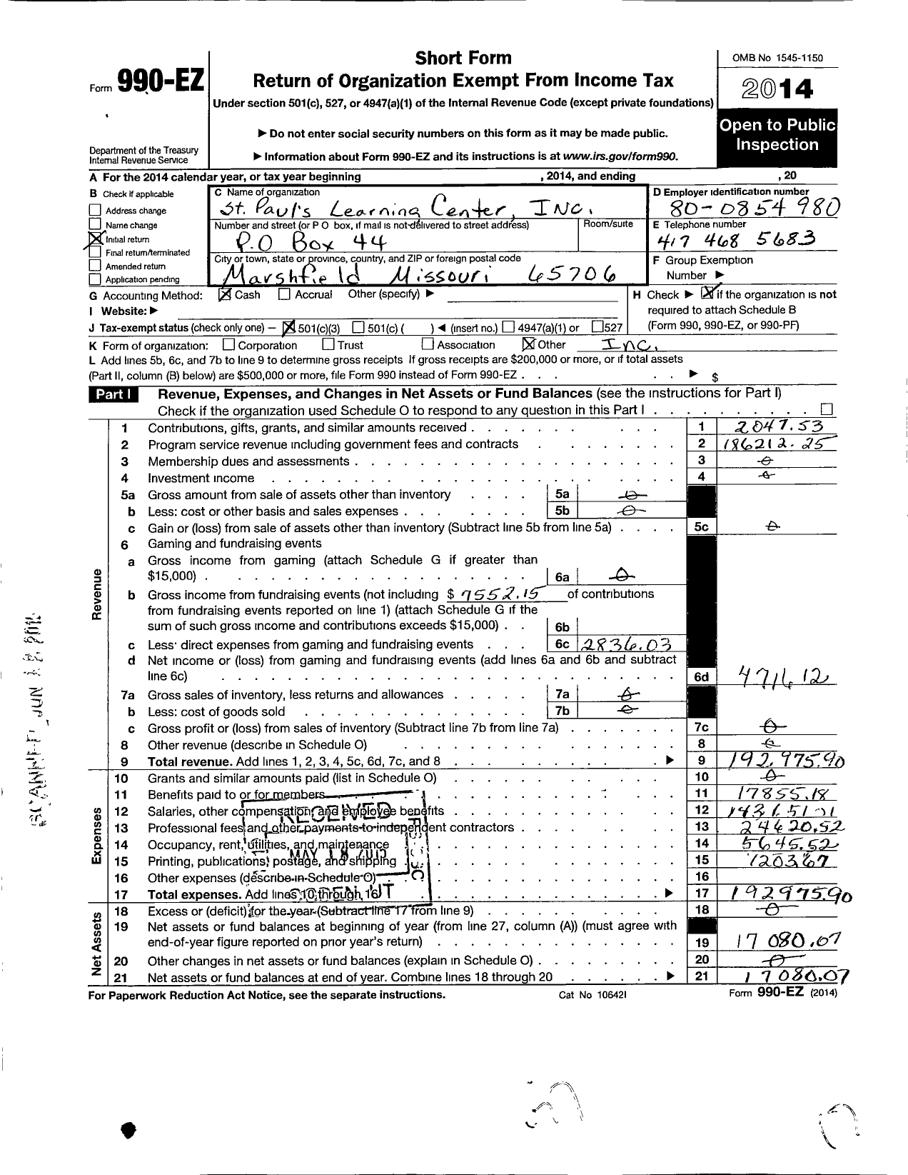 Image of first page of 2014 Form 990EZ for St Pauls Learning Center