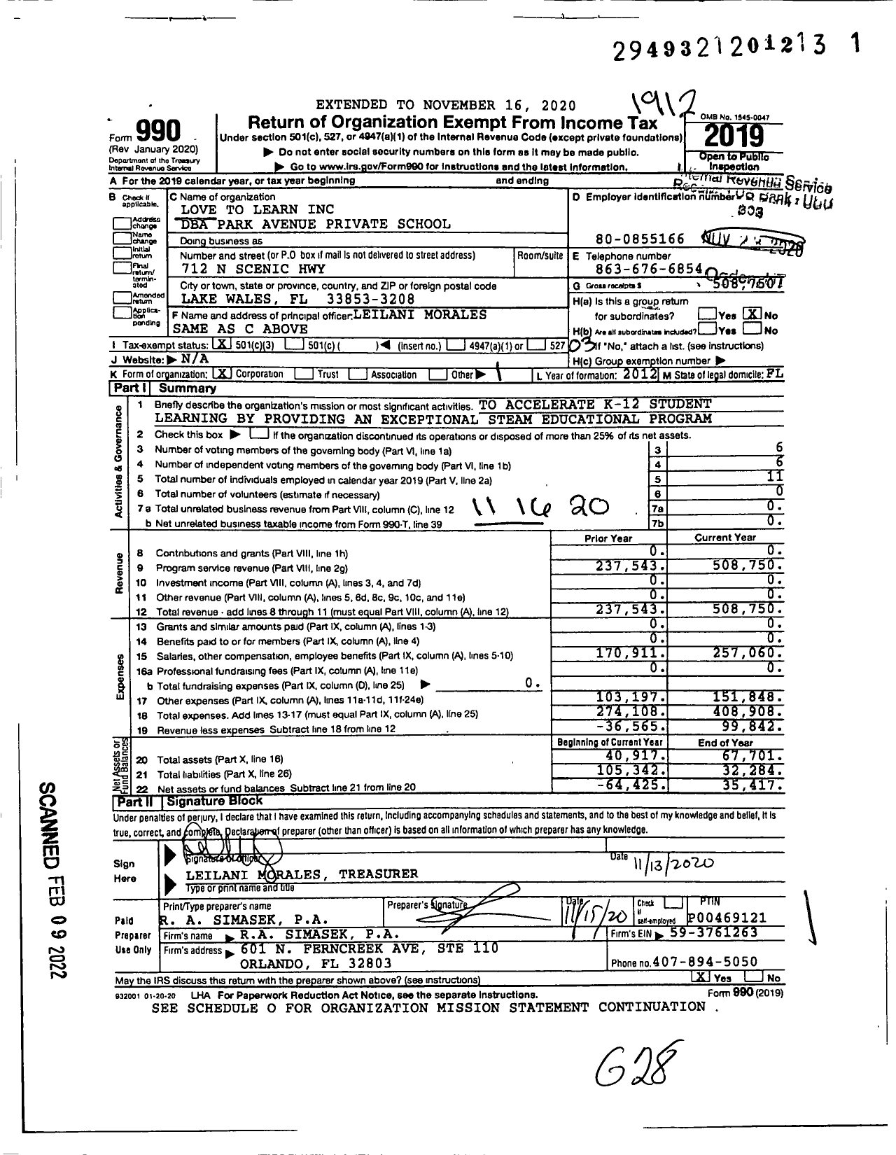 Image of first page of 2019 Form 990 for Park Avenue Private School