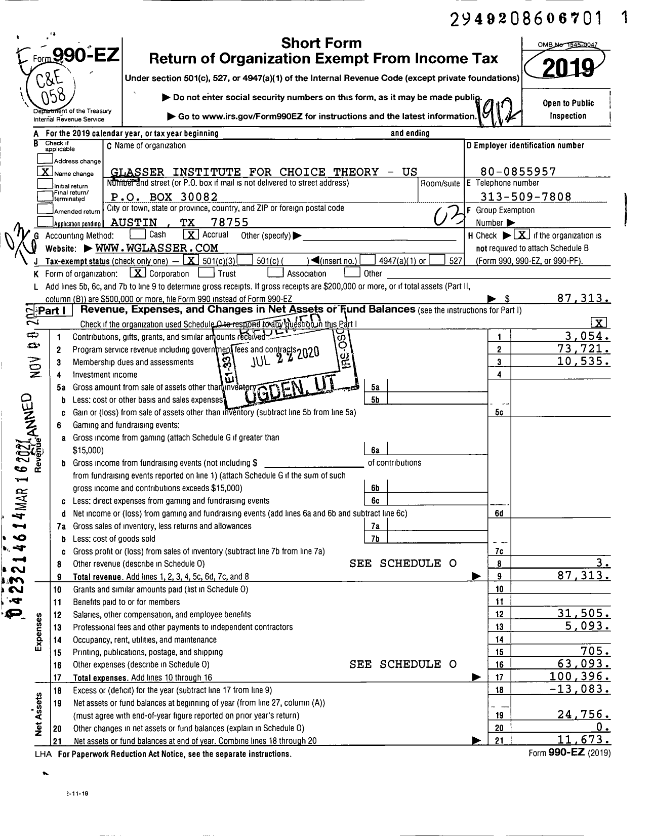 Image of first page of 2019 Form 990EZ for Glasser Institute for Choice Theory - Us