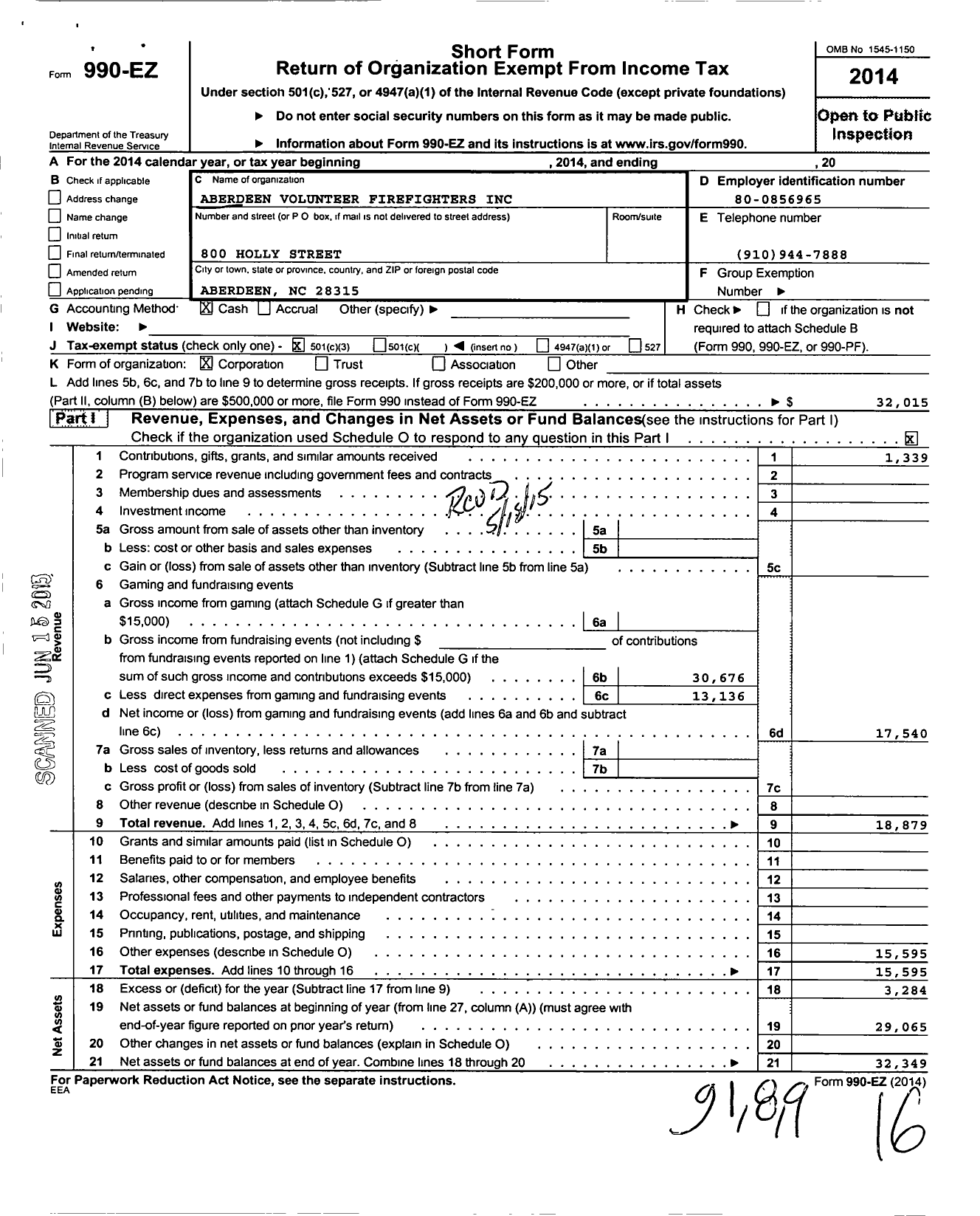 Image of first page of 2014 Form 990EZ for Aberdeen Volunteer Firefighters Association