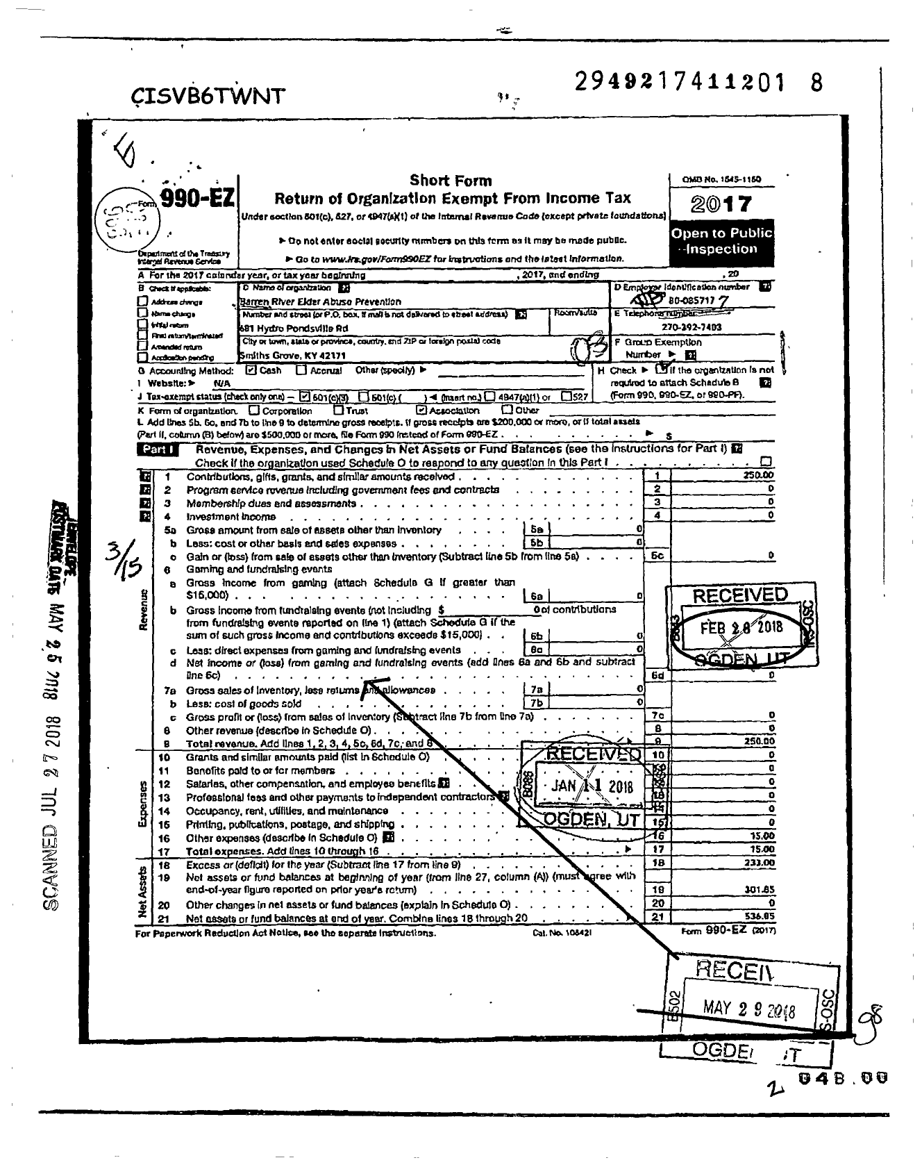 Image of first page of 2017 Form 990EZ for Barren River Elder Abuse Prevention Coalition