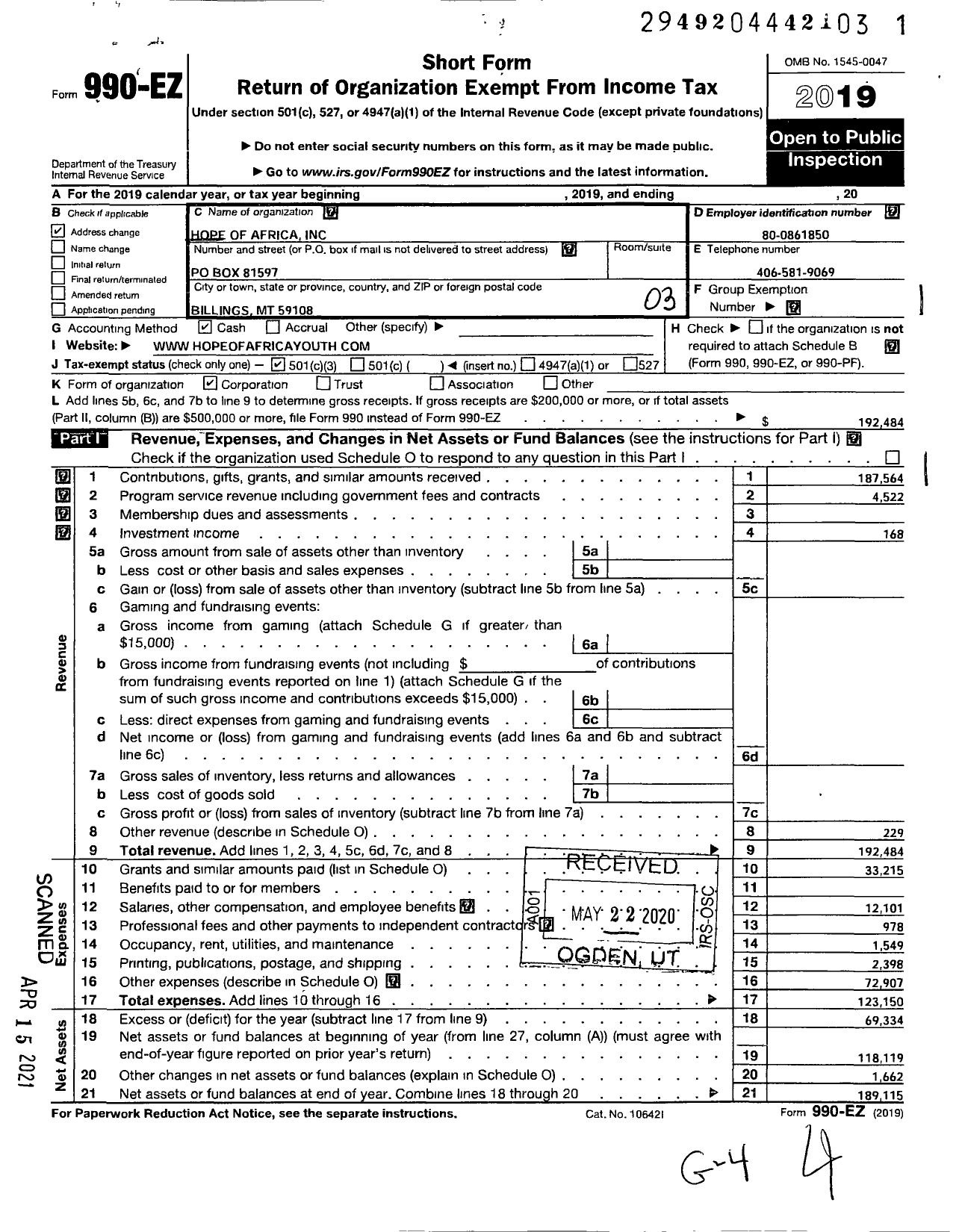 Image of first page of 2019 Form 990EZ for Hope of Africa