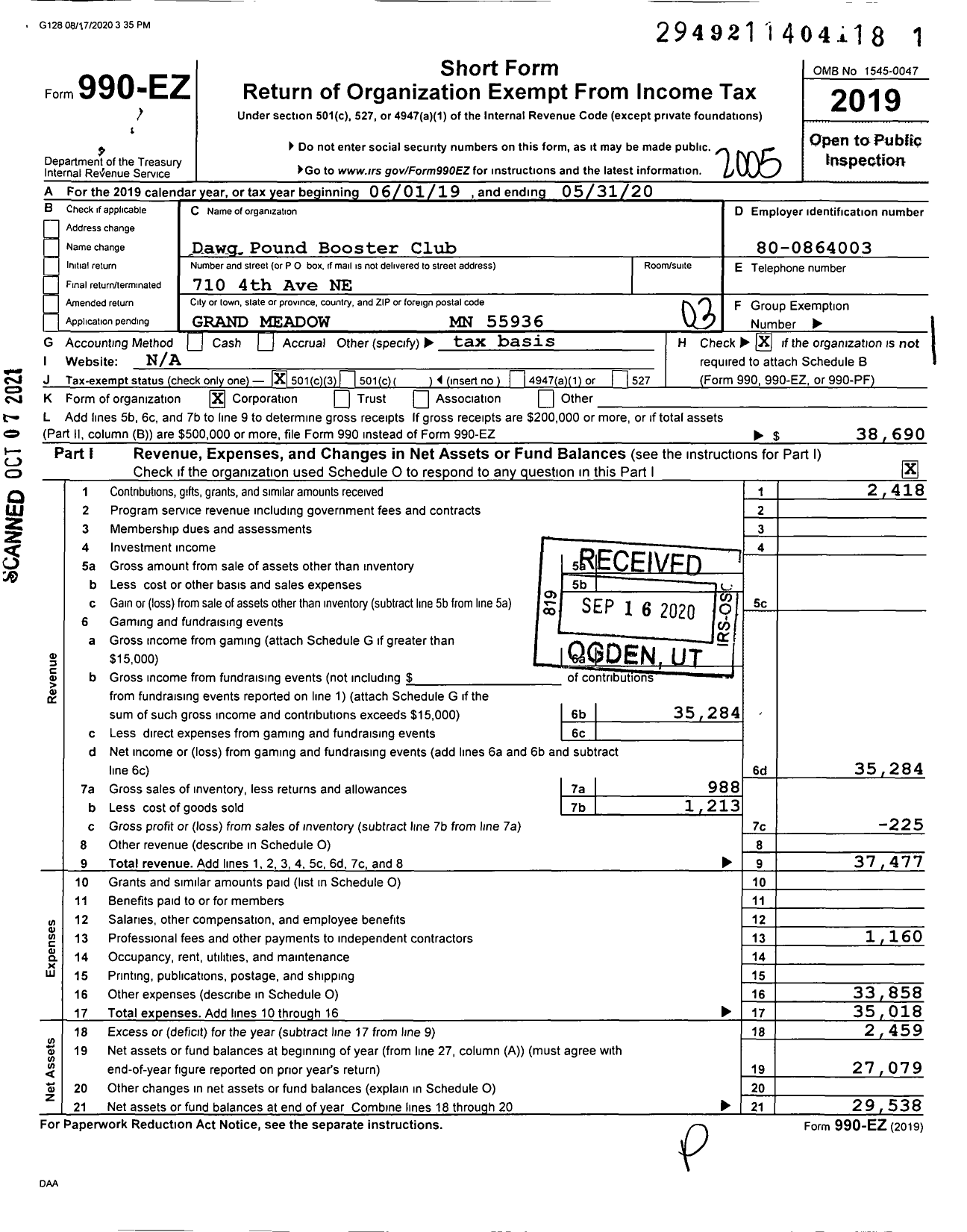 Image of first page of 2019 Form 990EZ for Dawg Pound Booster Club