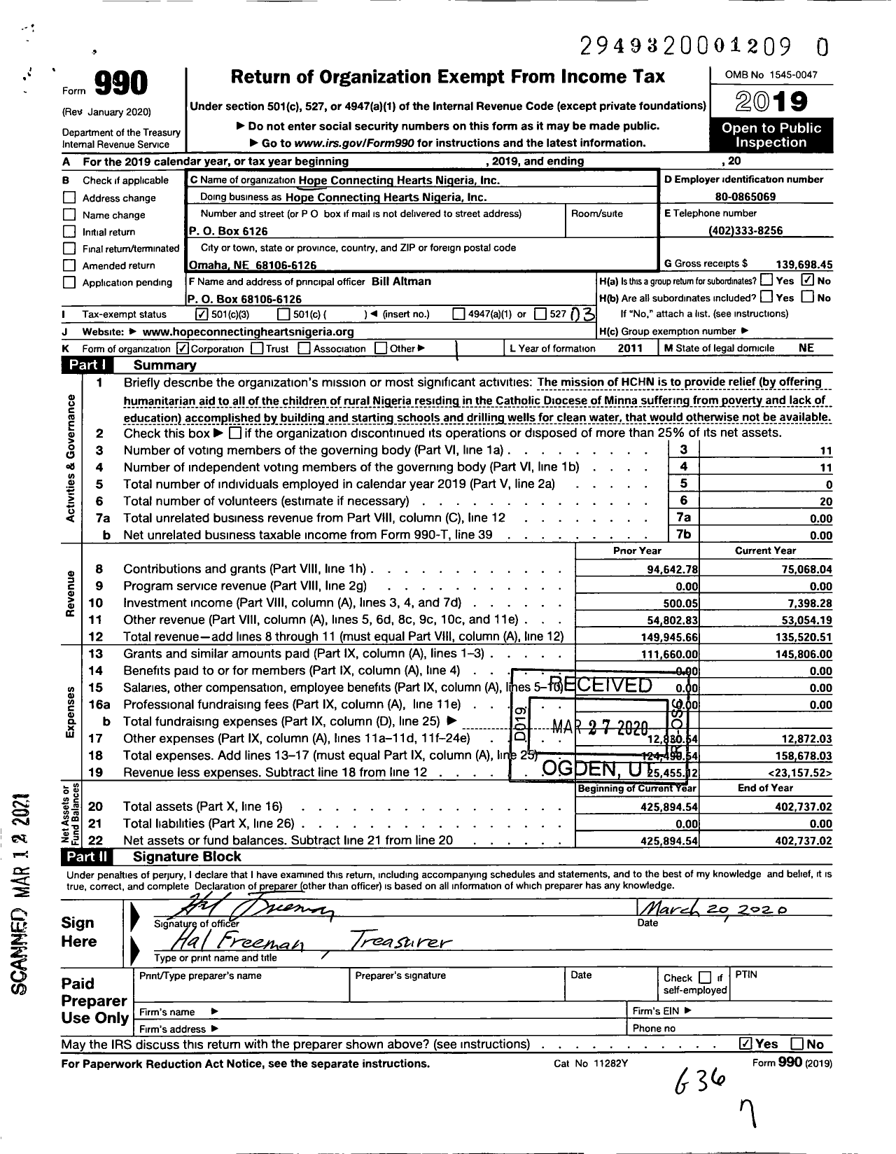 Image of first page of 2019 Form 990 for Hope Connecting Hearts Nigeria