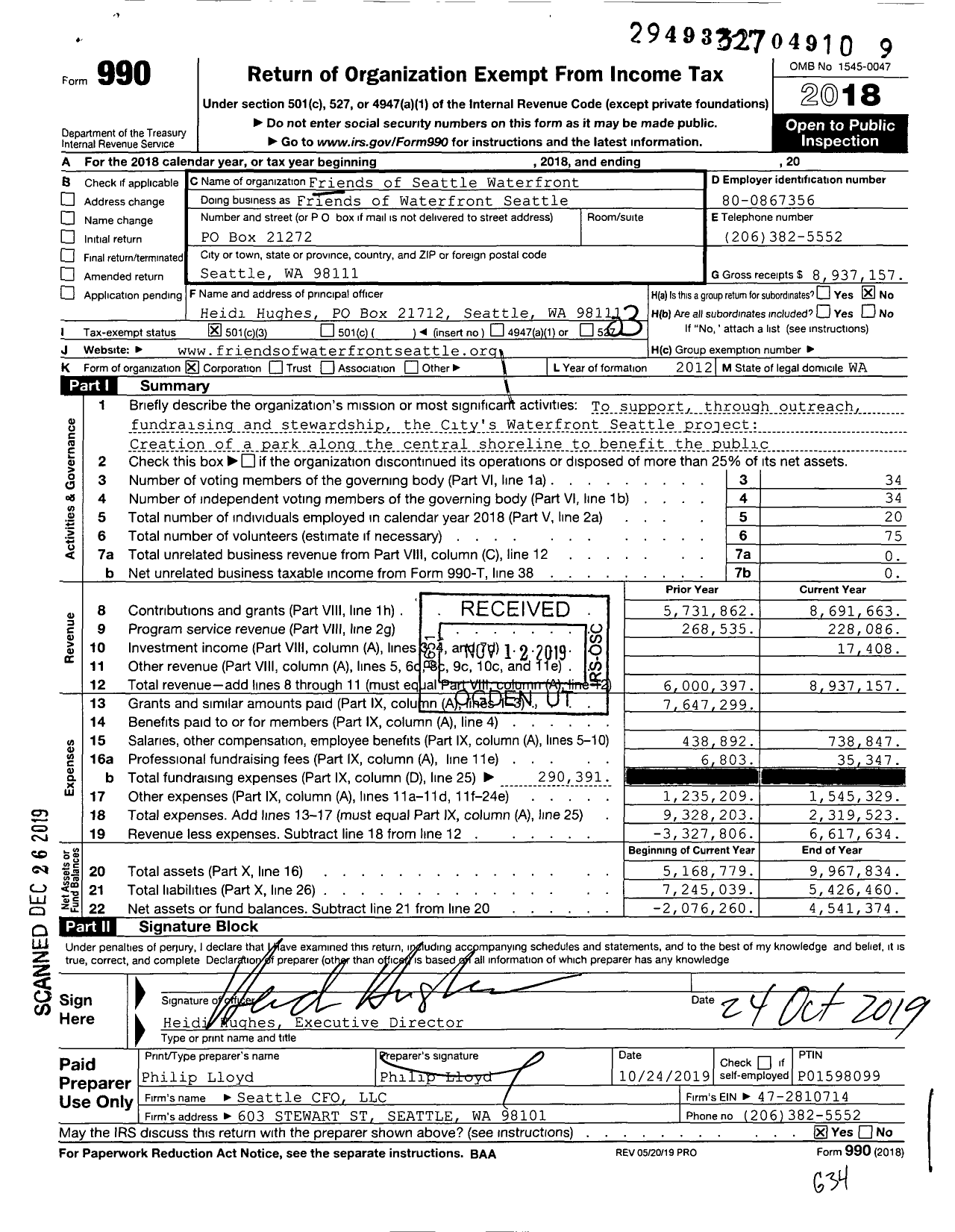 Image of first page of 2018 Form 990 for Friends of Waterfront Seattle