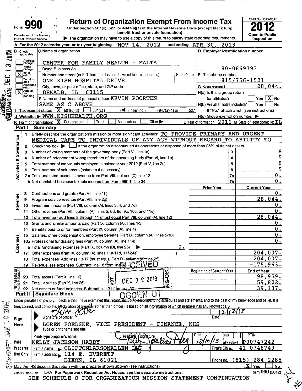 Image of first page of 2012 Form 990 for Center for Family Health - Malta