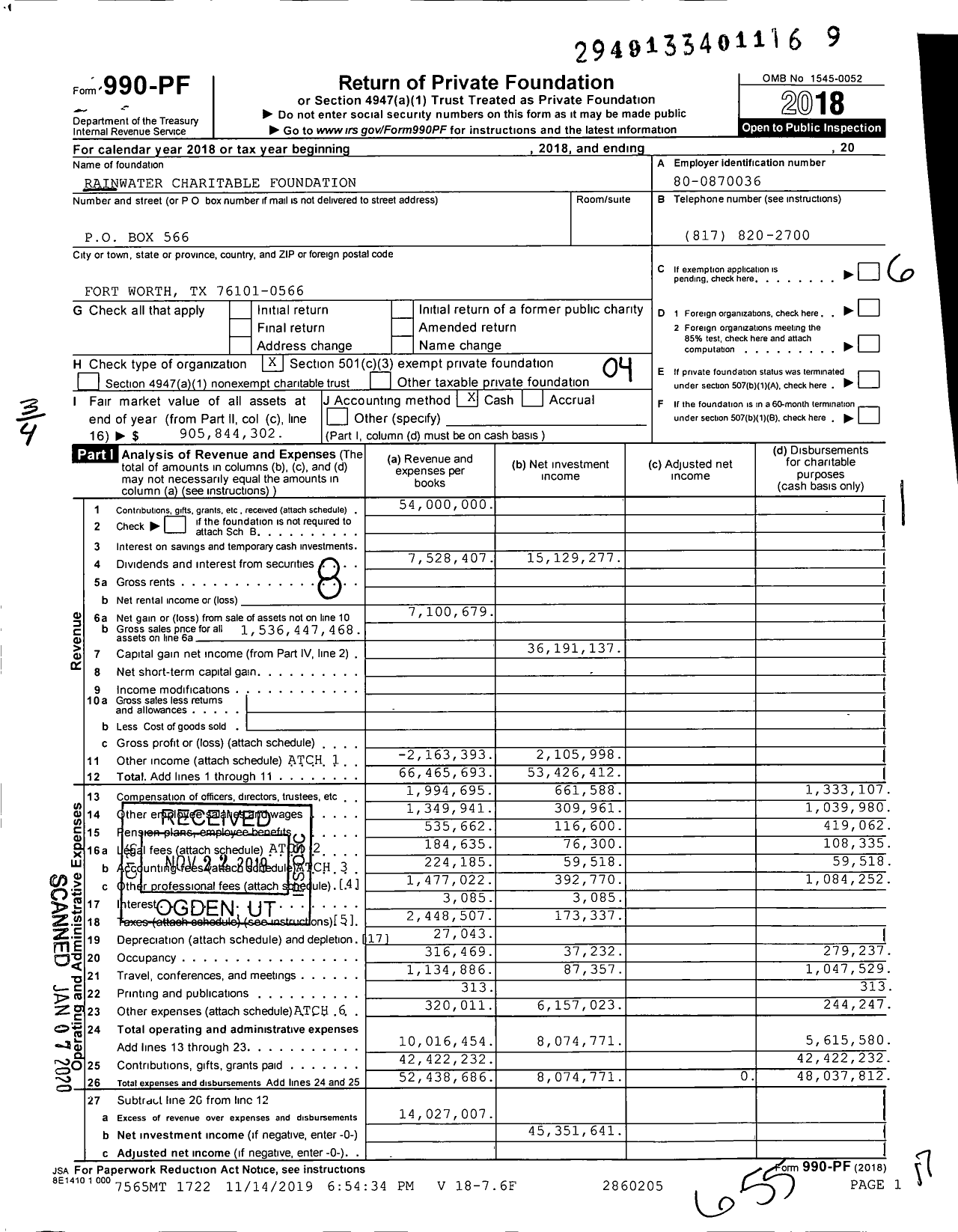 Image of first page of 2018 Form 990PF for Rainwater Charitable Foundation