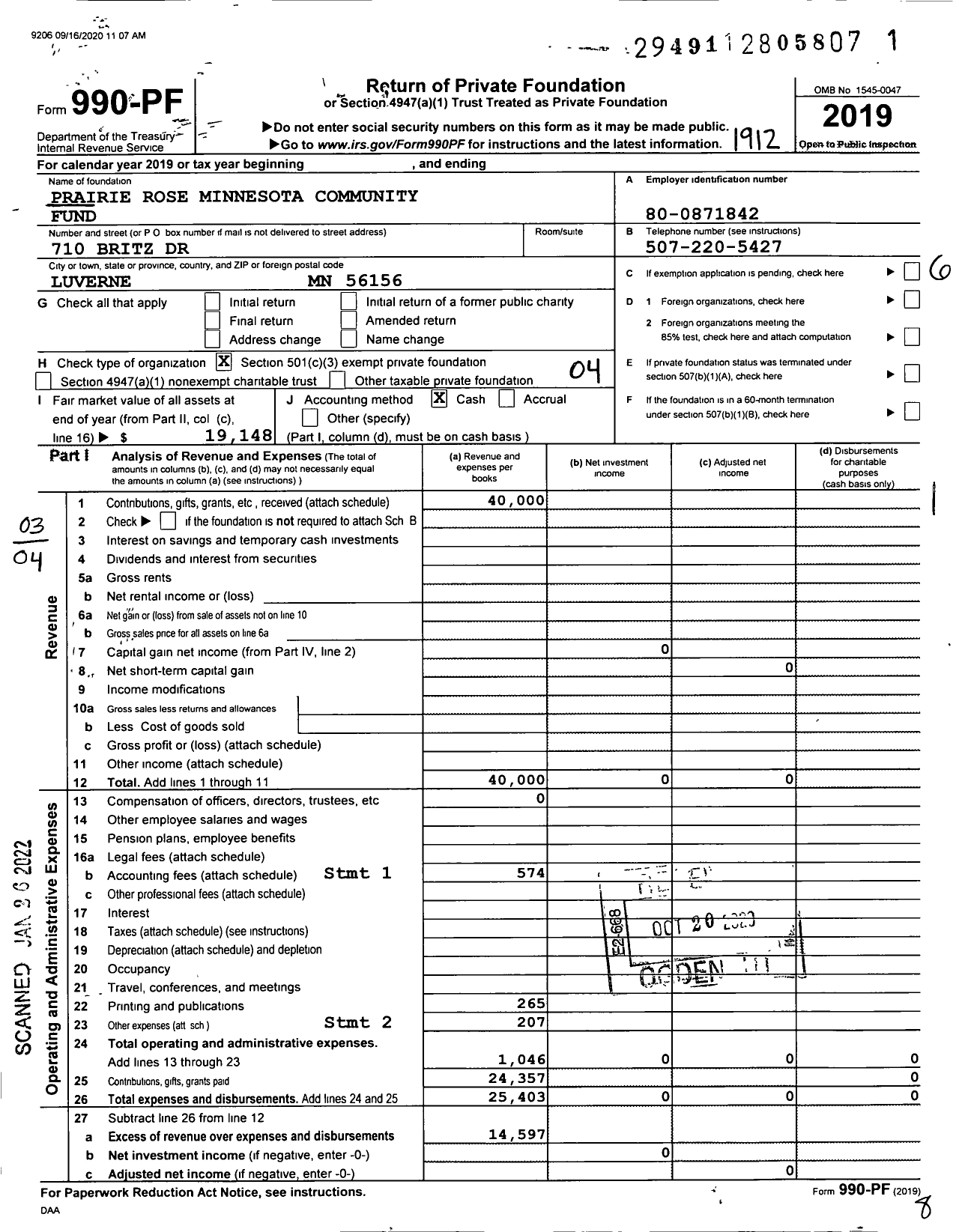 Image of first page of 2019 Form 990PF for Prairie Rose Minnesota Community Fund