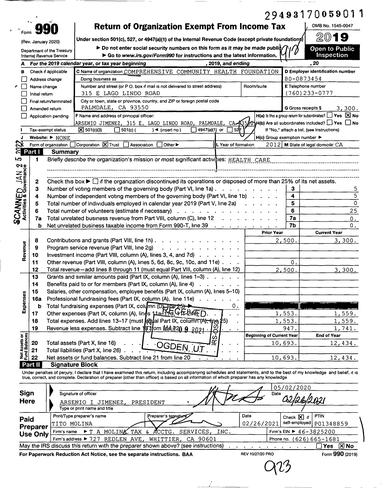 Image of first page of 2019 Form 990 for Comprehensive Community Health Foundation