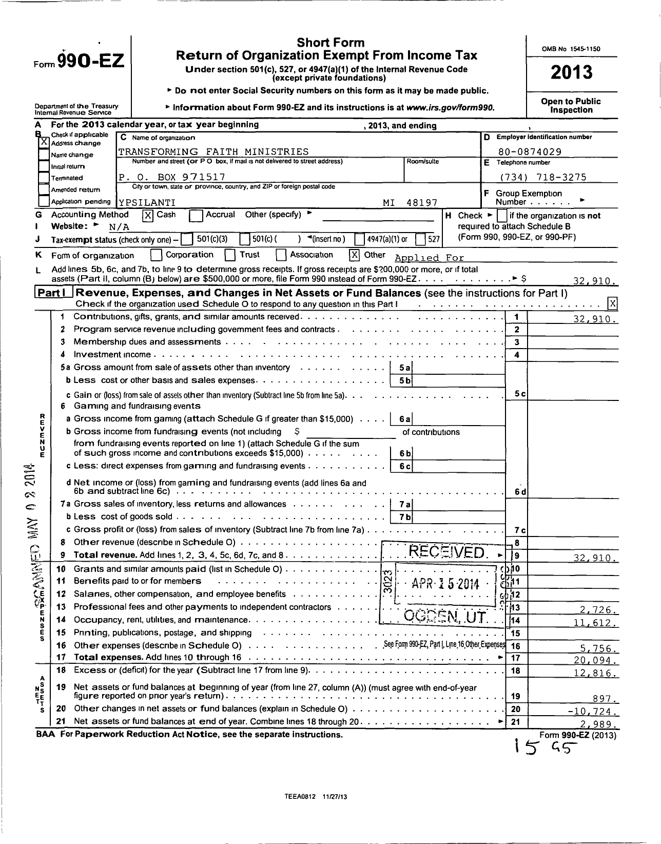 Image of first page of 2013 Form 990EO for Transforming Faith Ministries