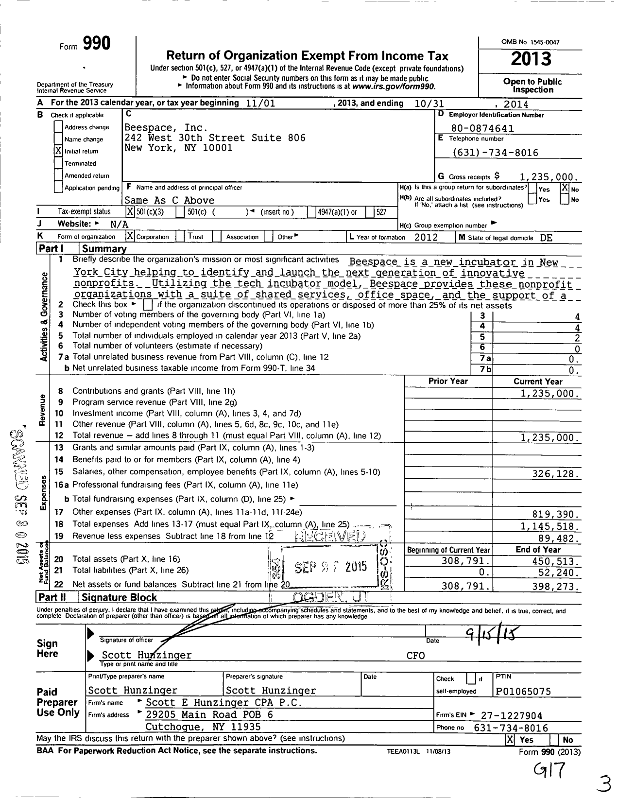 Image of first page of 2013 Form 990 for Beespace