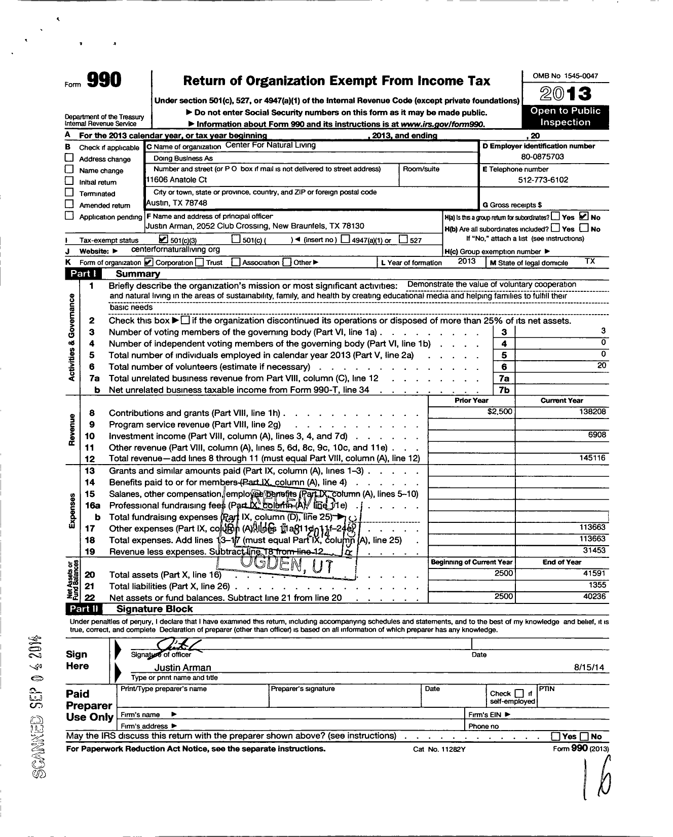 Image of first page of 2013 Form 990 for Center for Natural Living