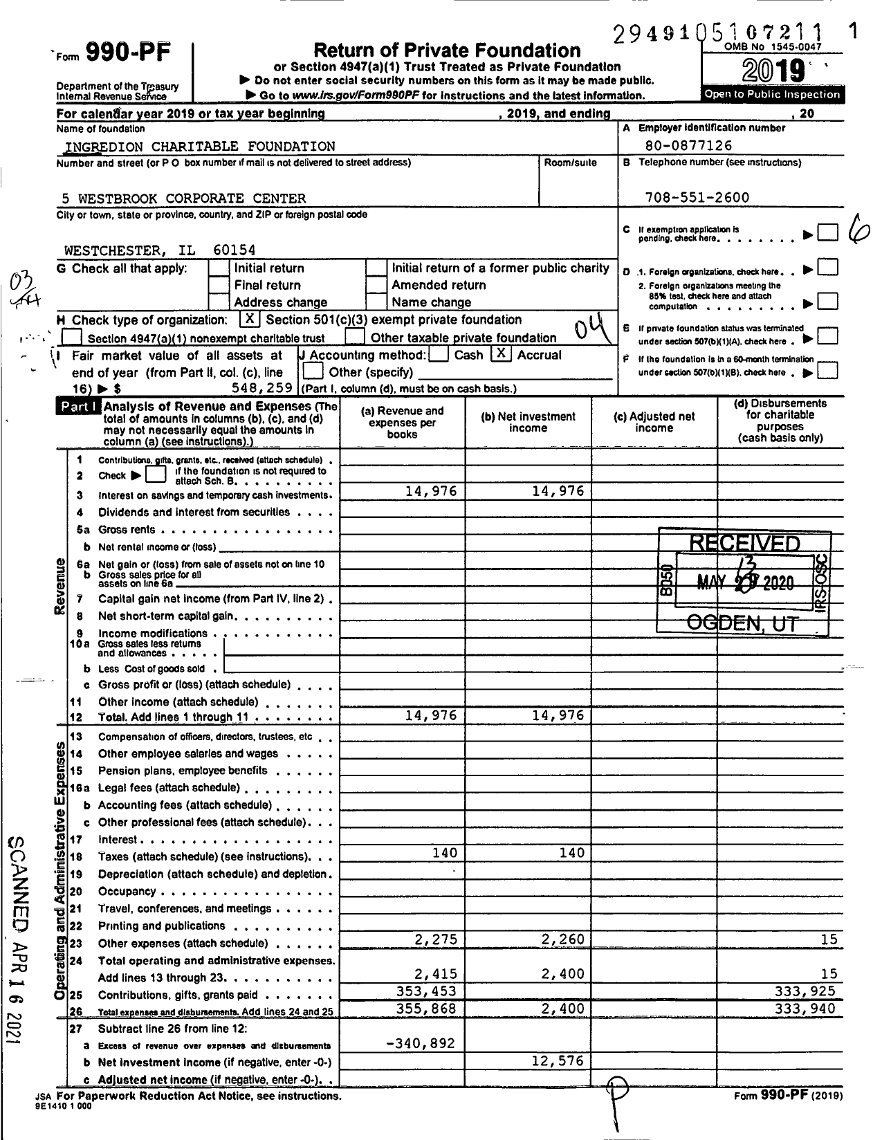 Image of first page of 2019 Form 990PF for Ingredion Charitable Foundation