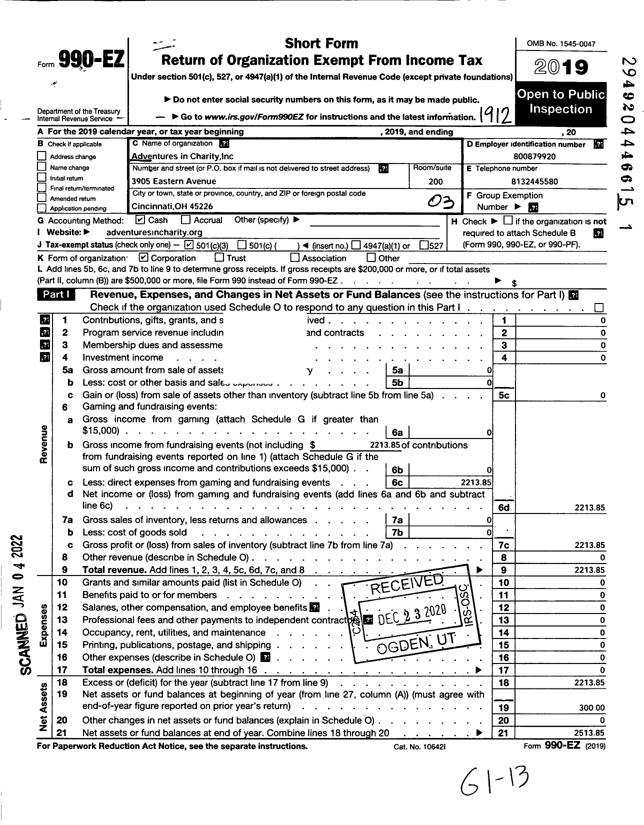 Image of first page of 2019 Form 990EZ for Adventures in Charity