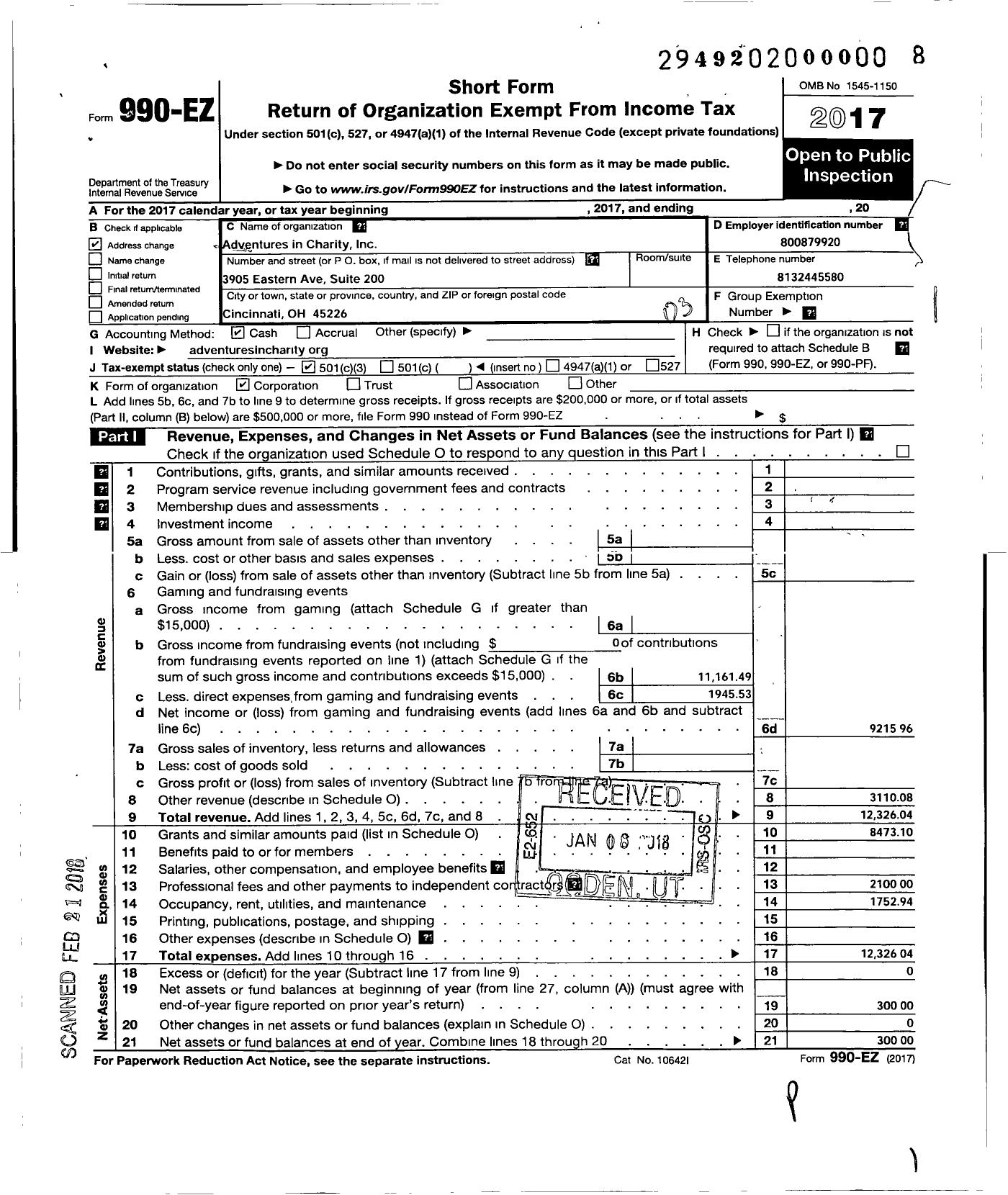 Image of first page of 2017 Form 990EZ for Adventures in Charity