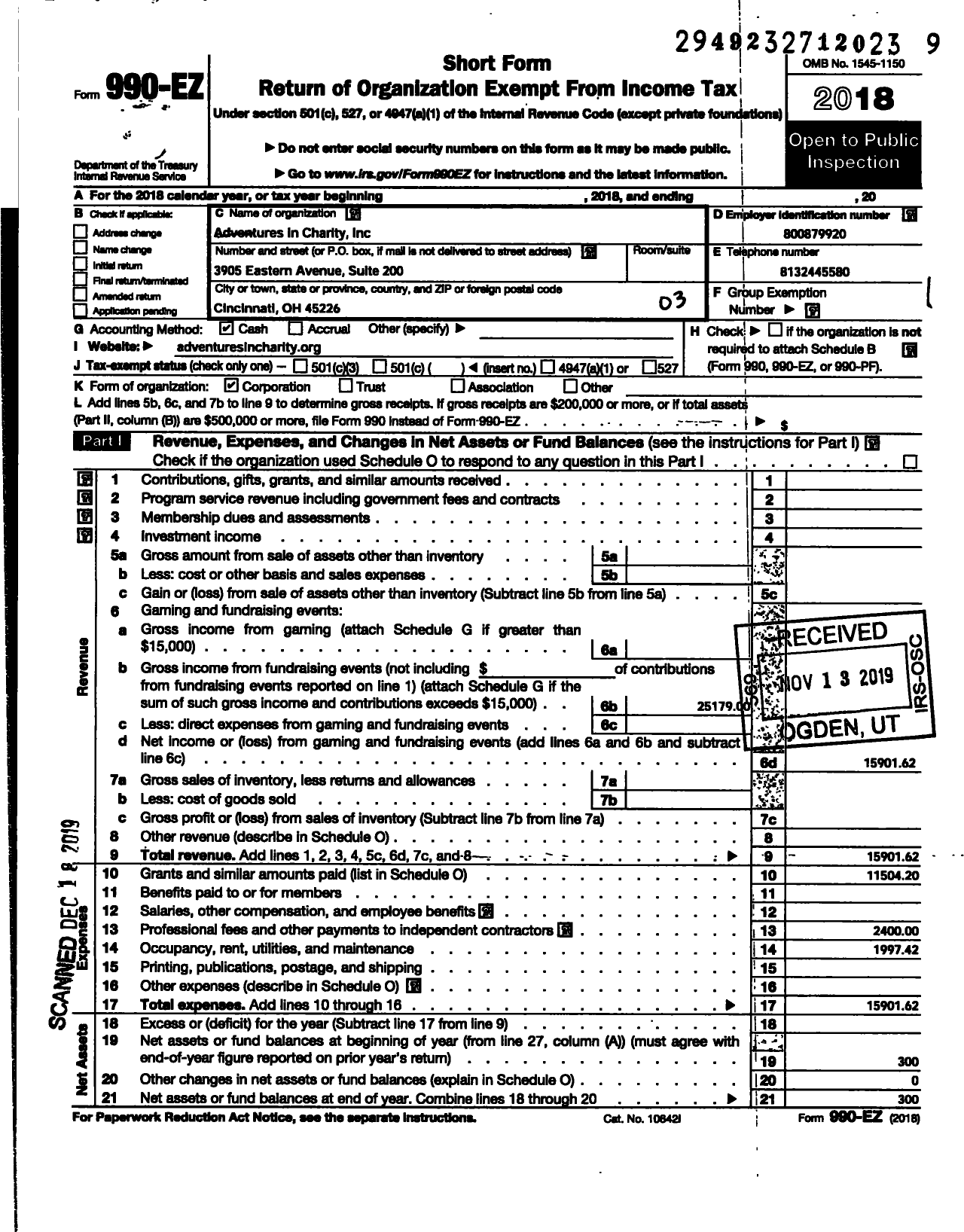 Image of first page of 2018 Form 990EZ for Adventures in Charity