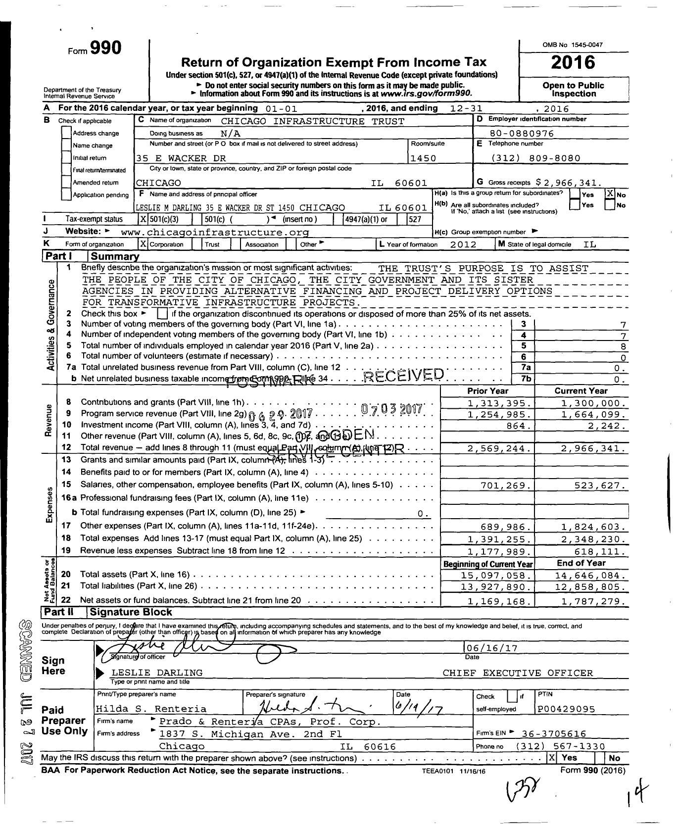 Image of first page of 2016 Form 990 for Chicago Infrastructure Trust