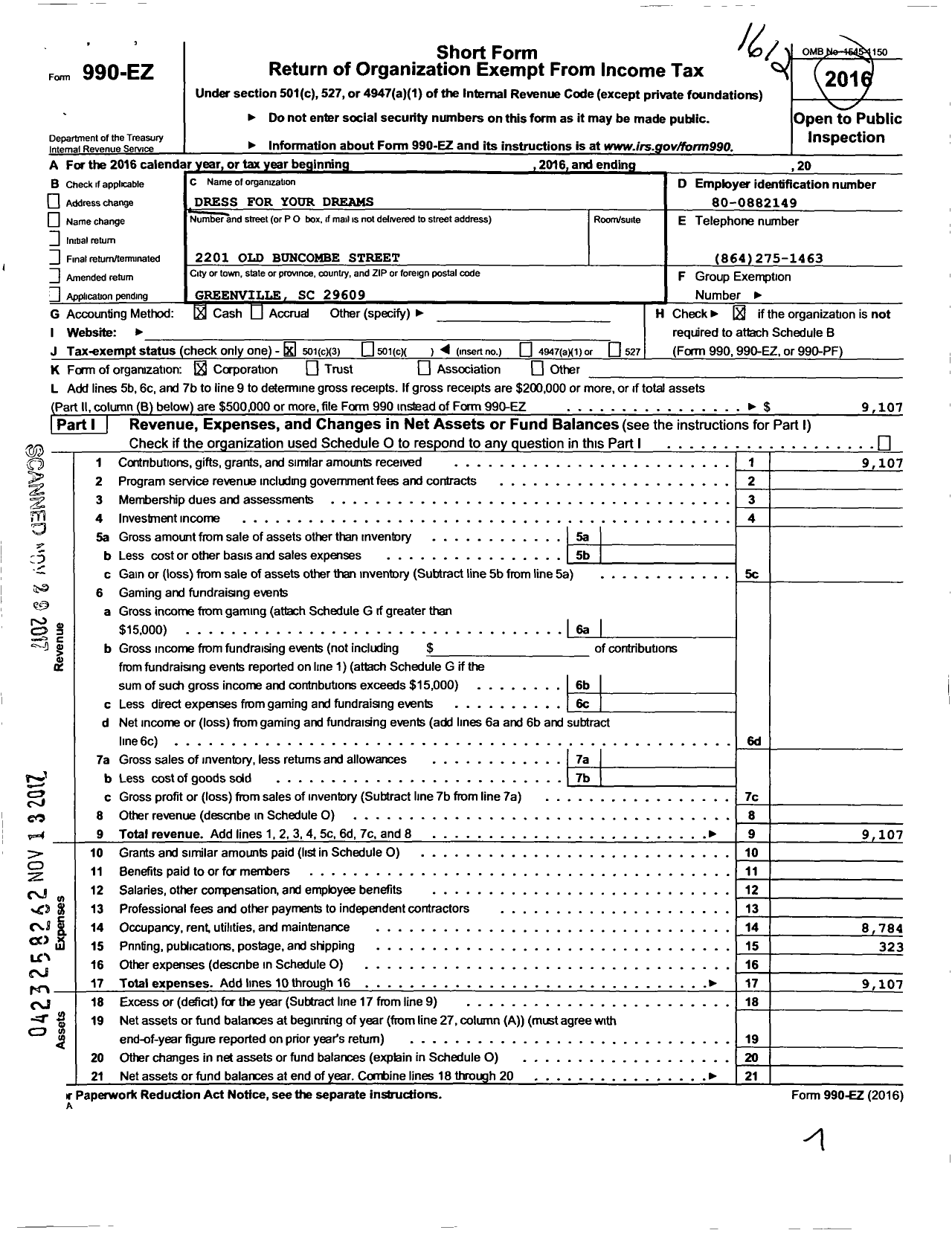 Image of first page of 2016 Form 990EZ for Dress for Your Dreams