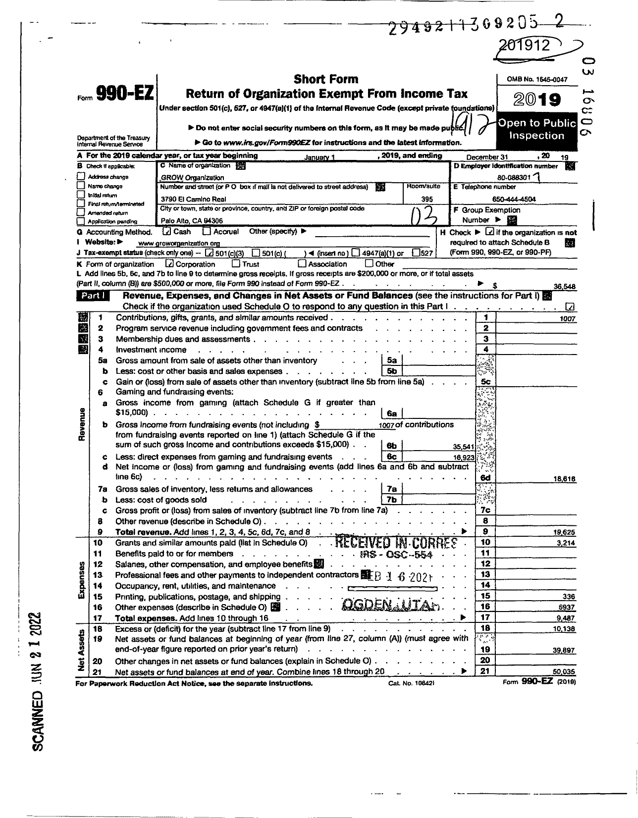 Image of first page of 2019 Form 990EZ for Grow Organization