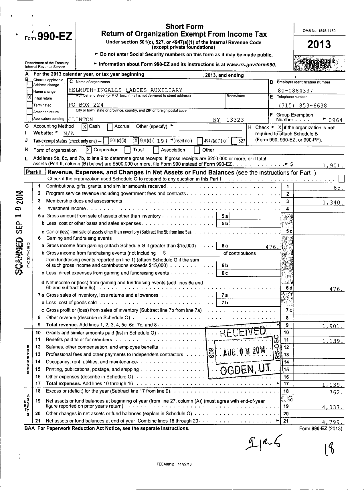 Image of first page of 2013 Form 990EO for American Legion Auxiliary - Helmuth-Ingalls Ladies Aux