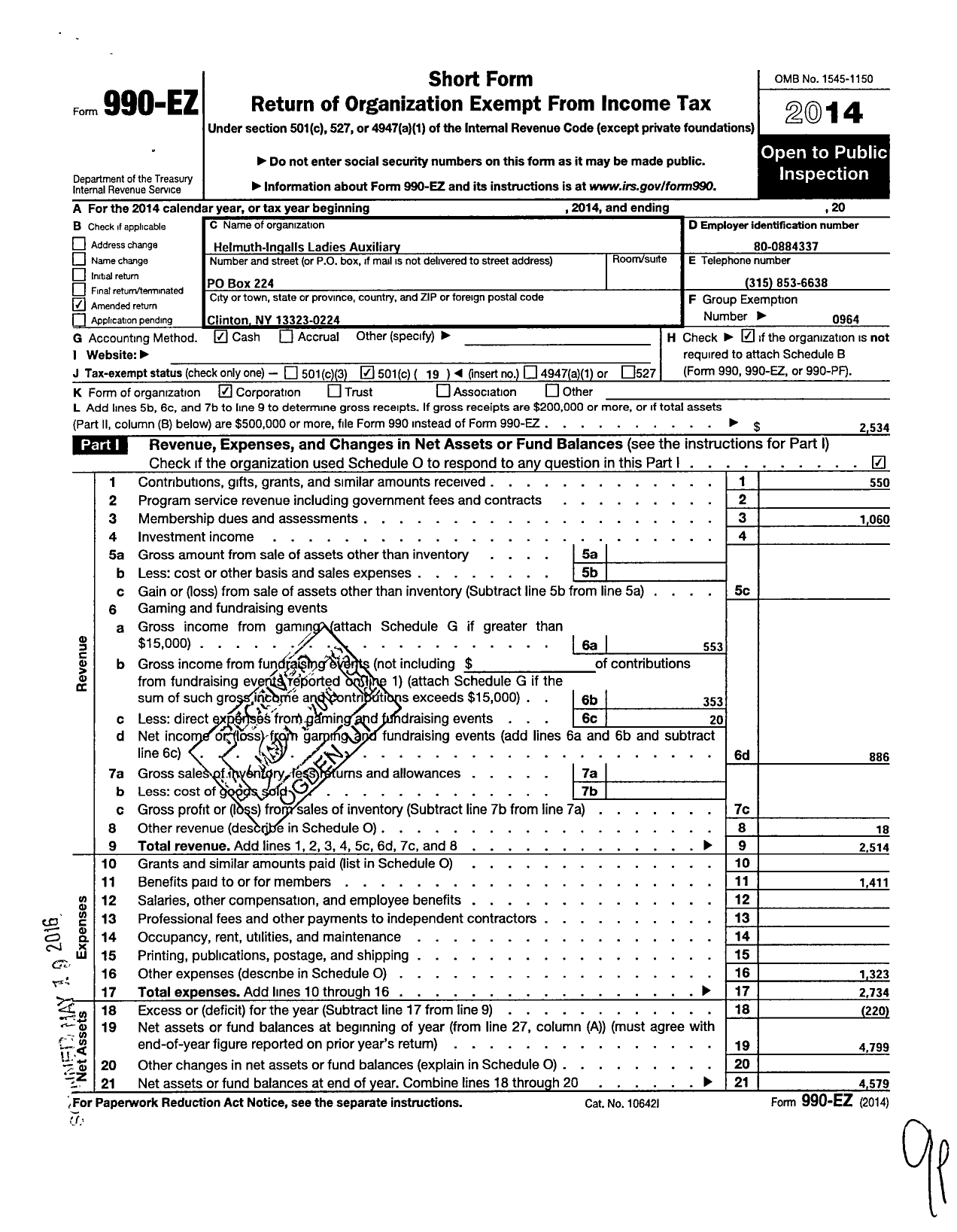 Image of first page of 2014 Form 990EO for American Legion Auxiliary - Helmuth-Ingalls Ladies Aux