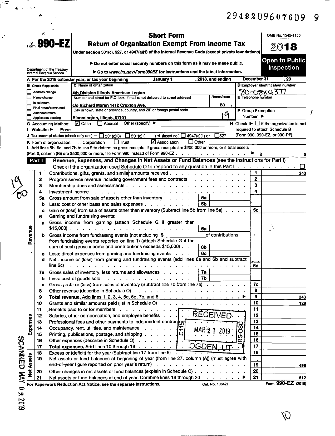 Image of first page of 2018 Form 990EO for American Legion - 4th Division Illinois American Legion