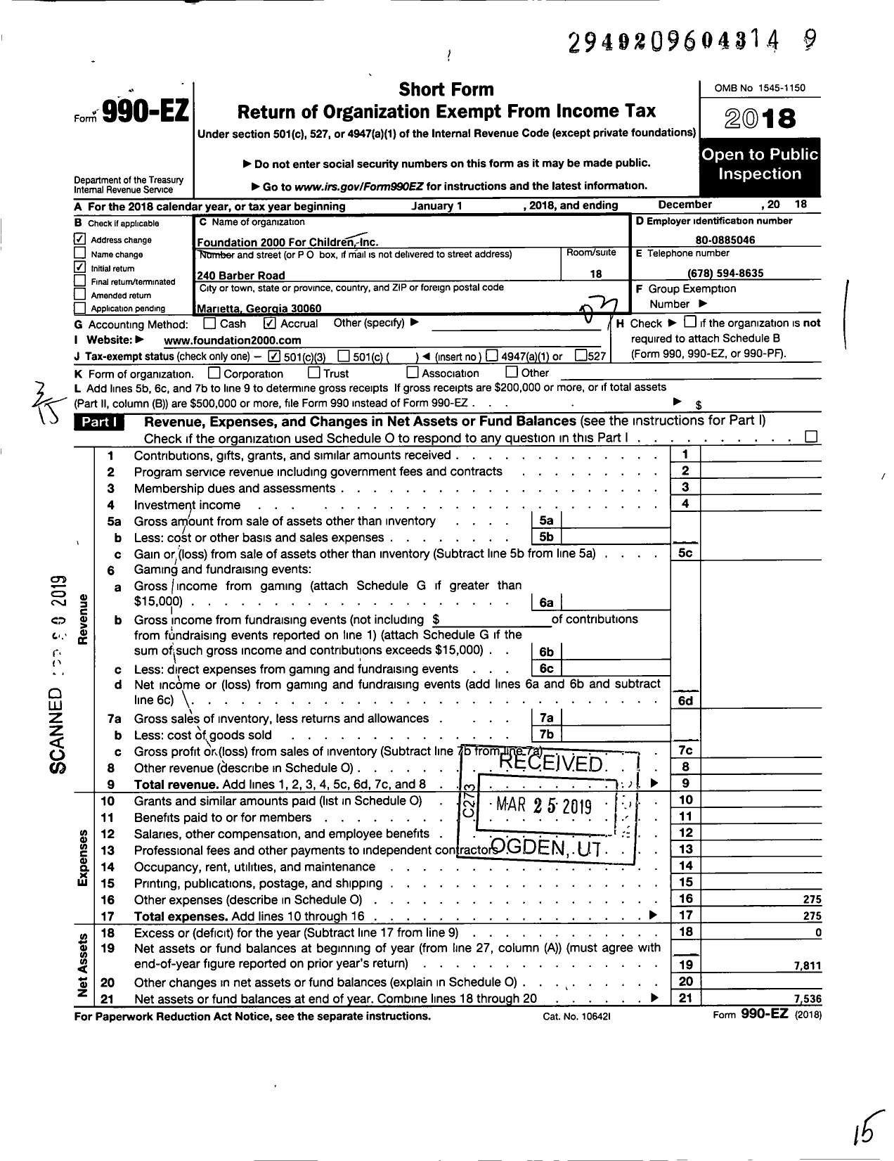 Image of first page of 2018 Form 990EZ for Foundation 2000 for Children