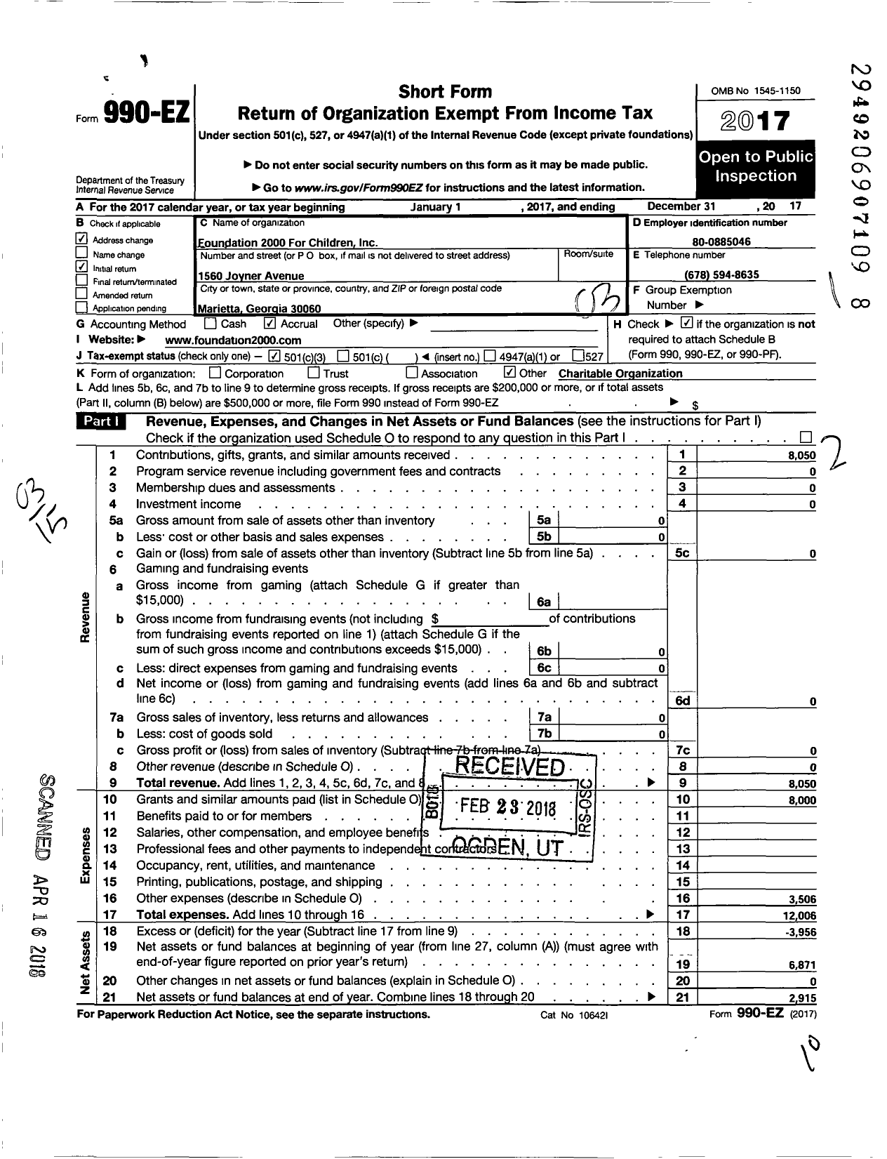 Image of first page of 2017 Form 990EZ for Foundation 2000 for Children