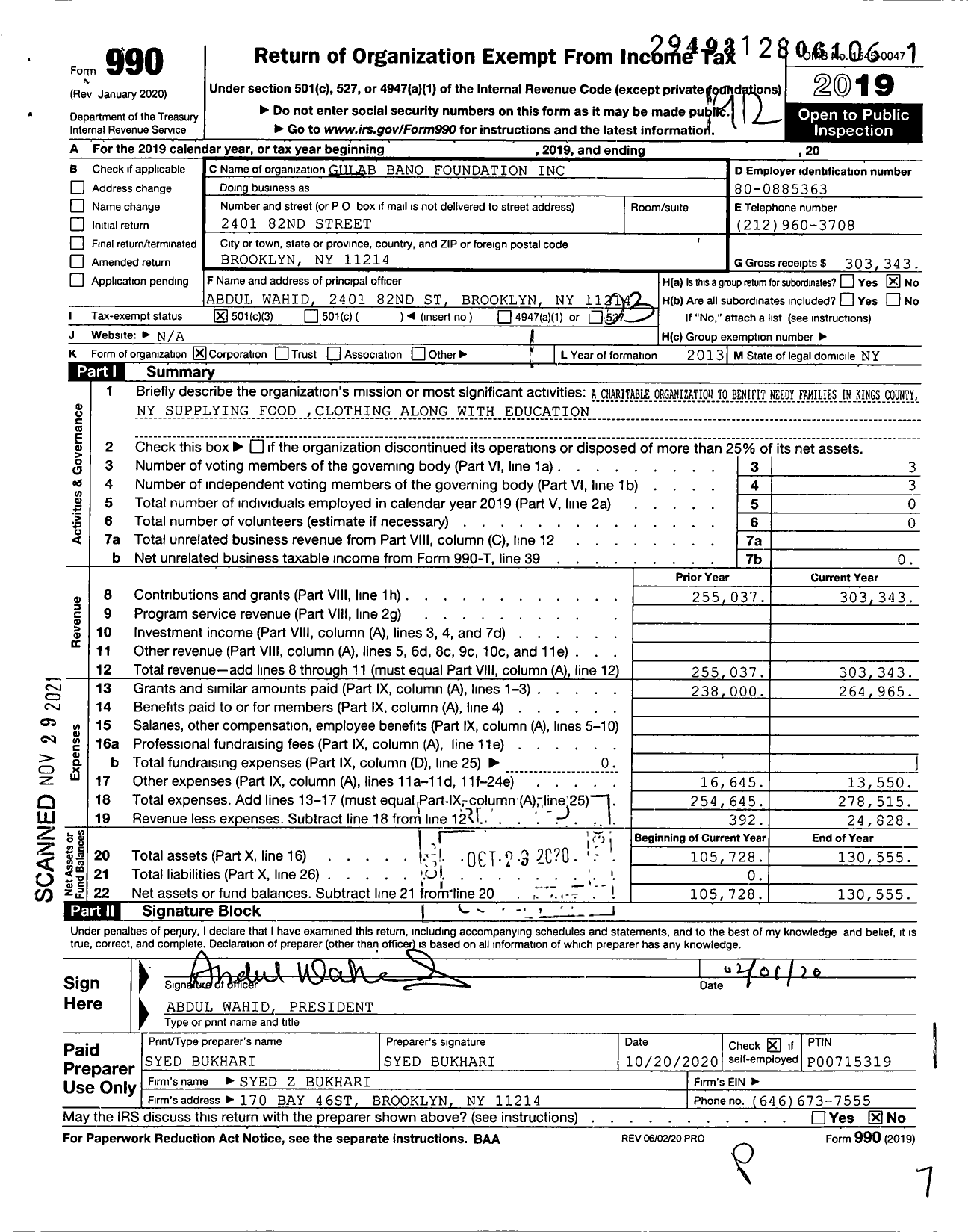 Image of first page of 2019 Form 990 for Gulab Bano Foundation