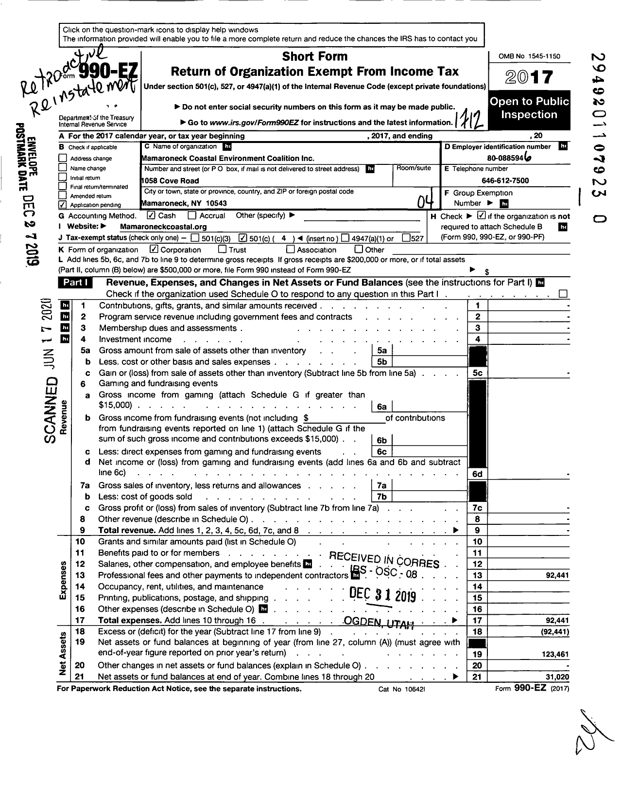 Image of first page of 2017 Form 990EO for Mamaroneck Coastal Environment Coalition