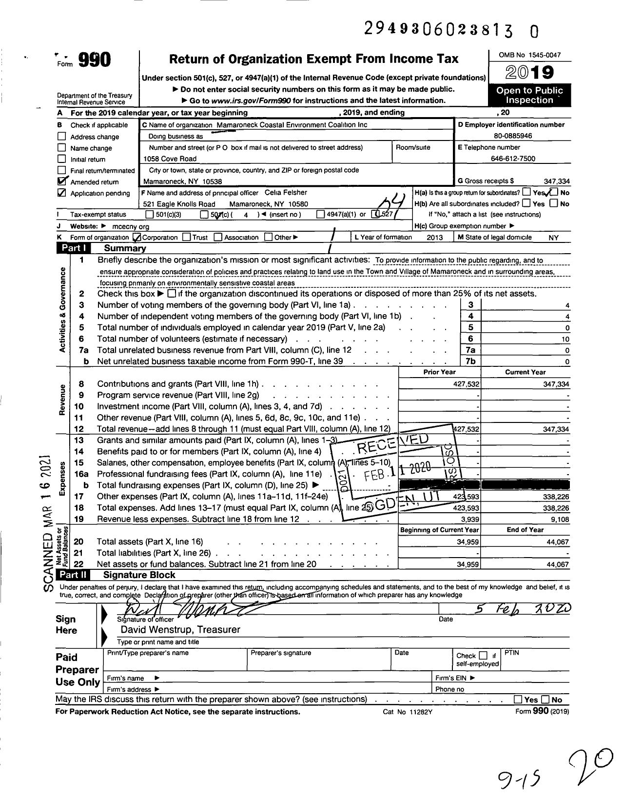 Image of first page of 2019 Form 990O for Mamaroneck Coastal Environment Coalition