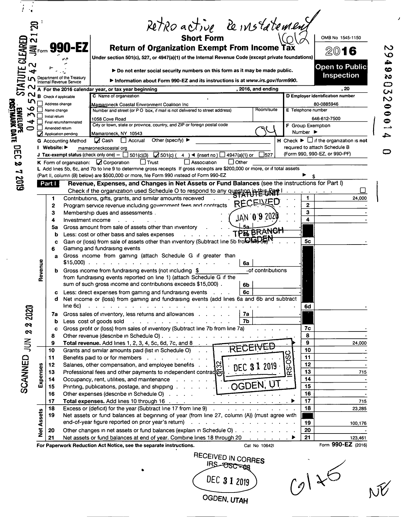 Image of first page of 2016 Form 990EO for Mamaroneck Coastal Environment Coalition