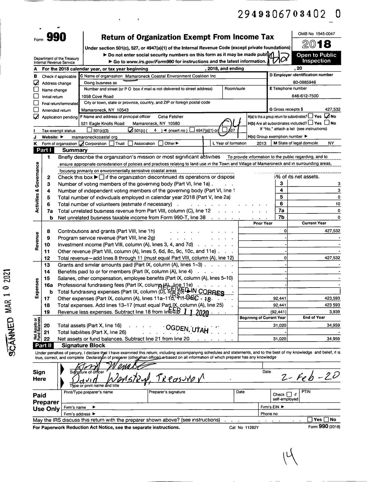 Image of first page of 2018 Form 990O for Mamaroneck Coastal Environment Coalition