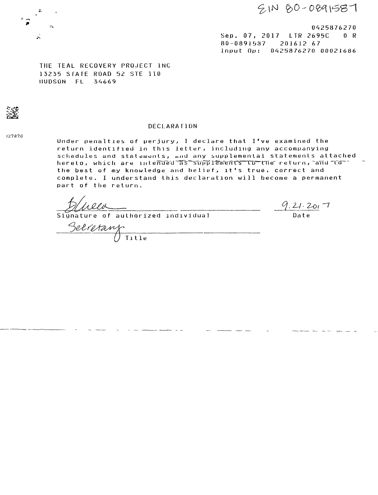 Image of first page of 2016 Form 990ER for The Teal Recovery Project