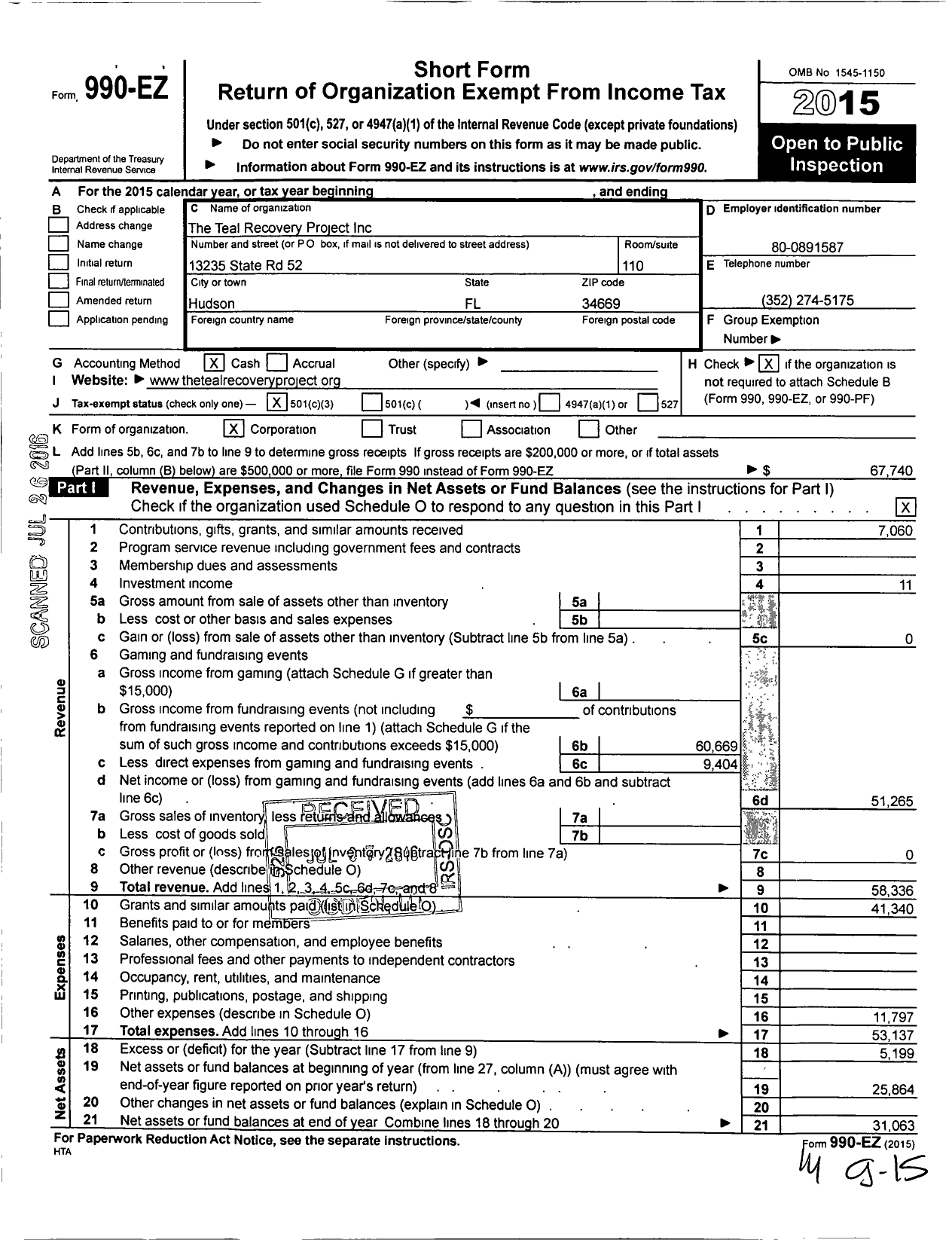 Image of first page of 2015 Form 990EZ for The Teal Recovery Project