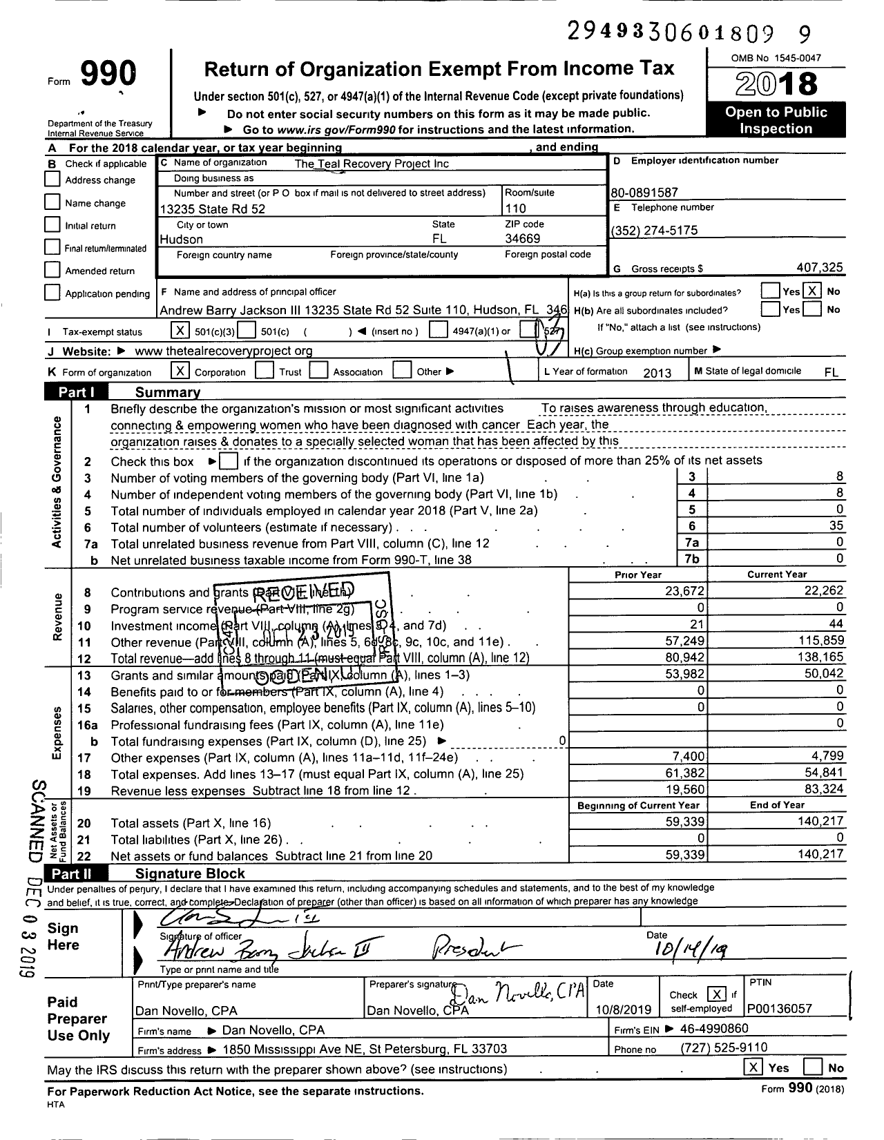 Image of first page of 2018 Form 990 for The Teal Recovery Project